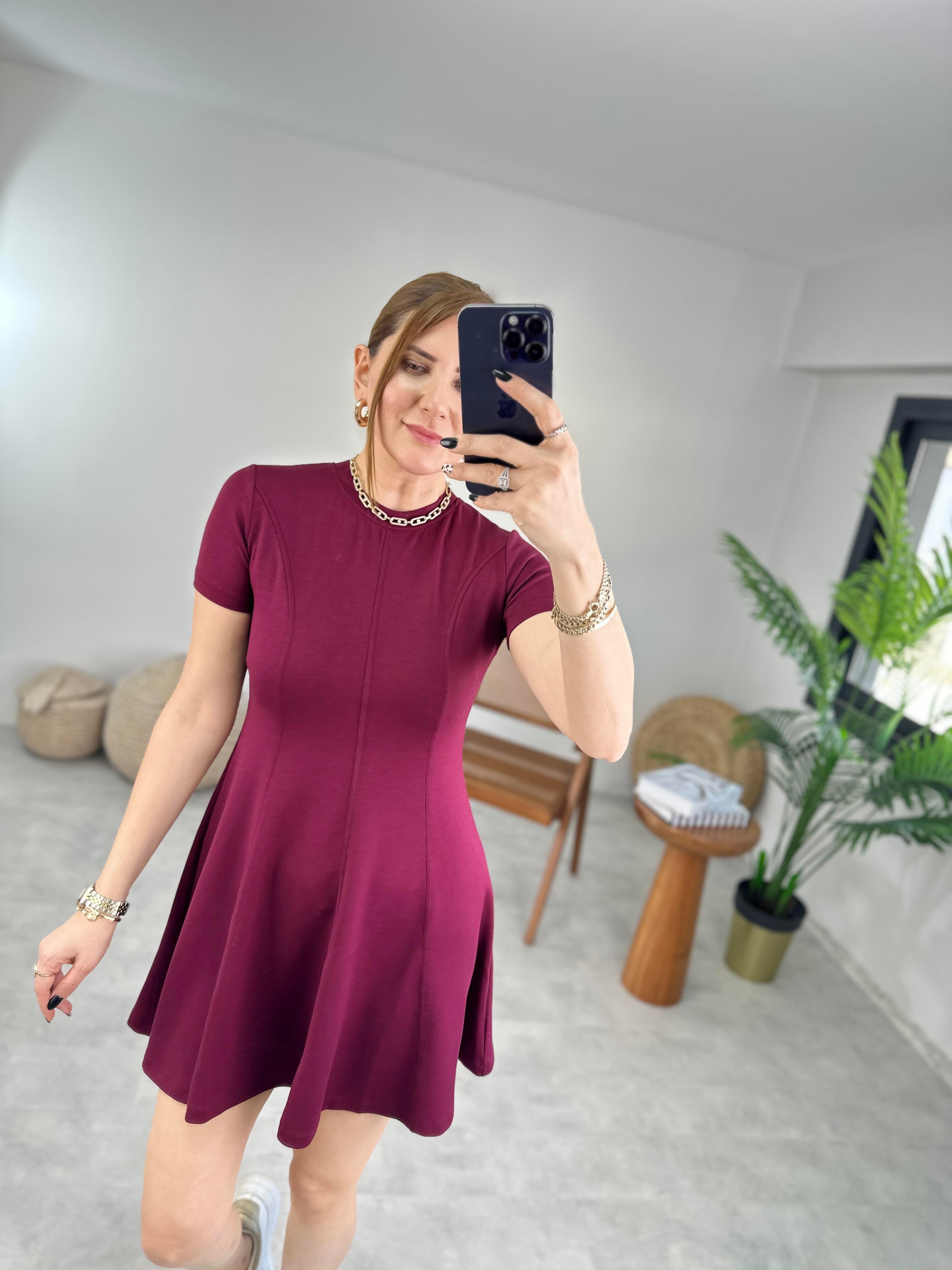 Bordo Cupra Parçalı Elbise