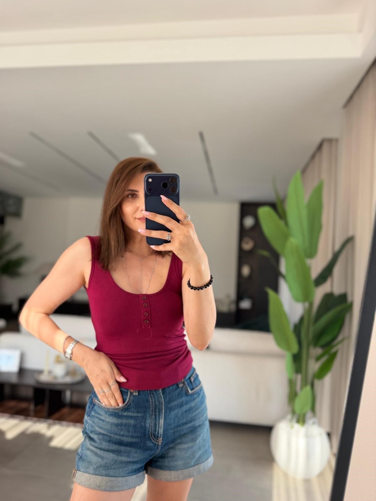 Bordo  Düğmeli Mas Askıllı Atlet
