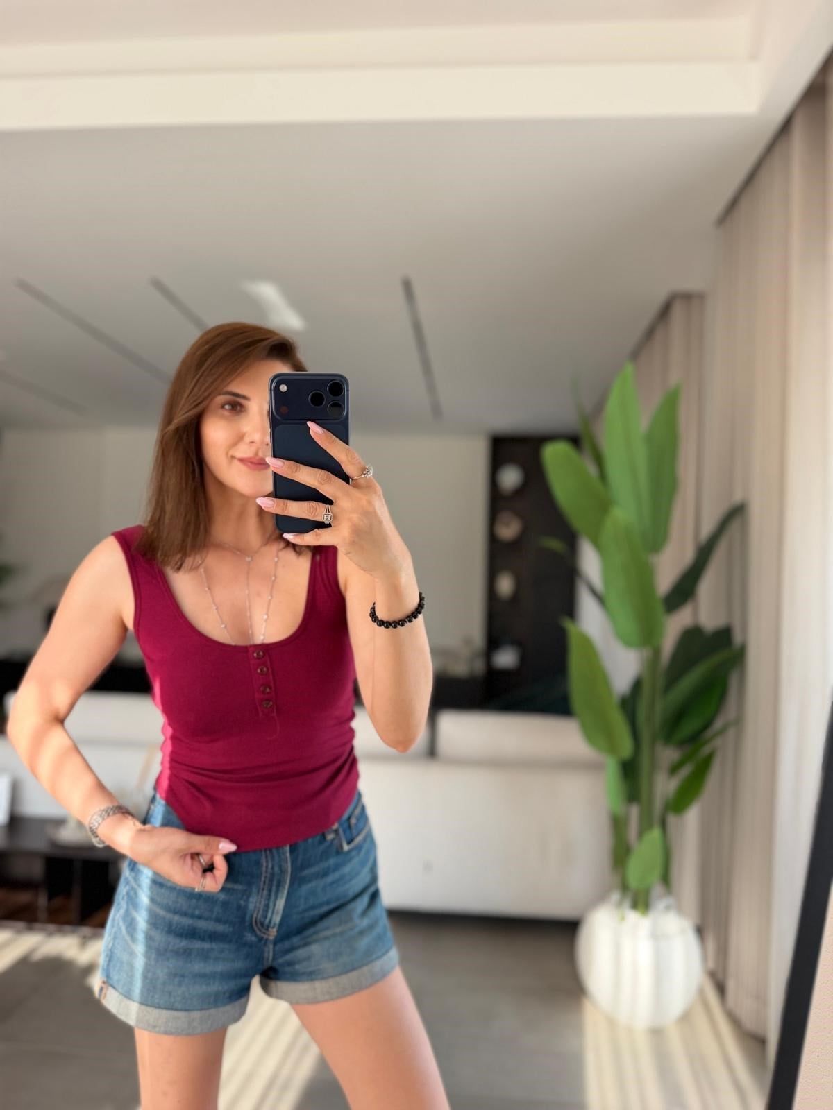 Bordo  Düğmeli Mas Askıllı Atlet
