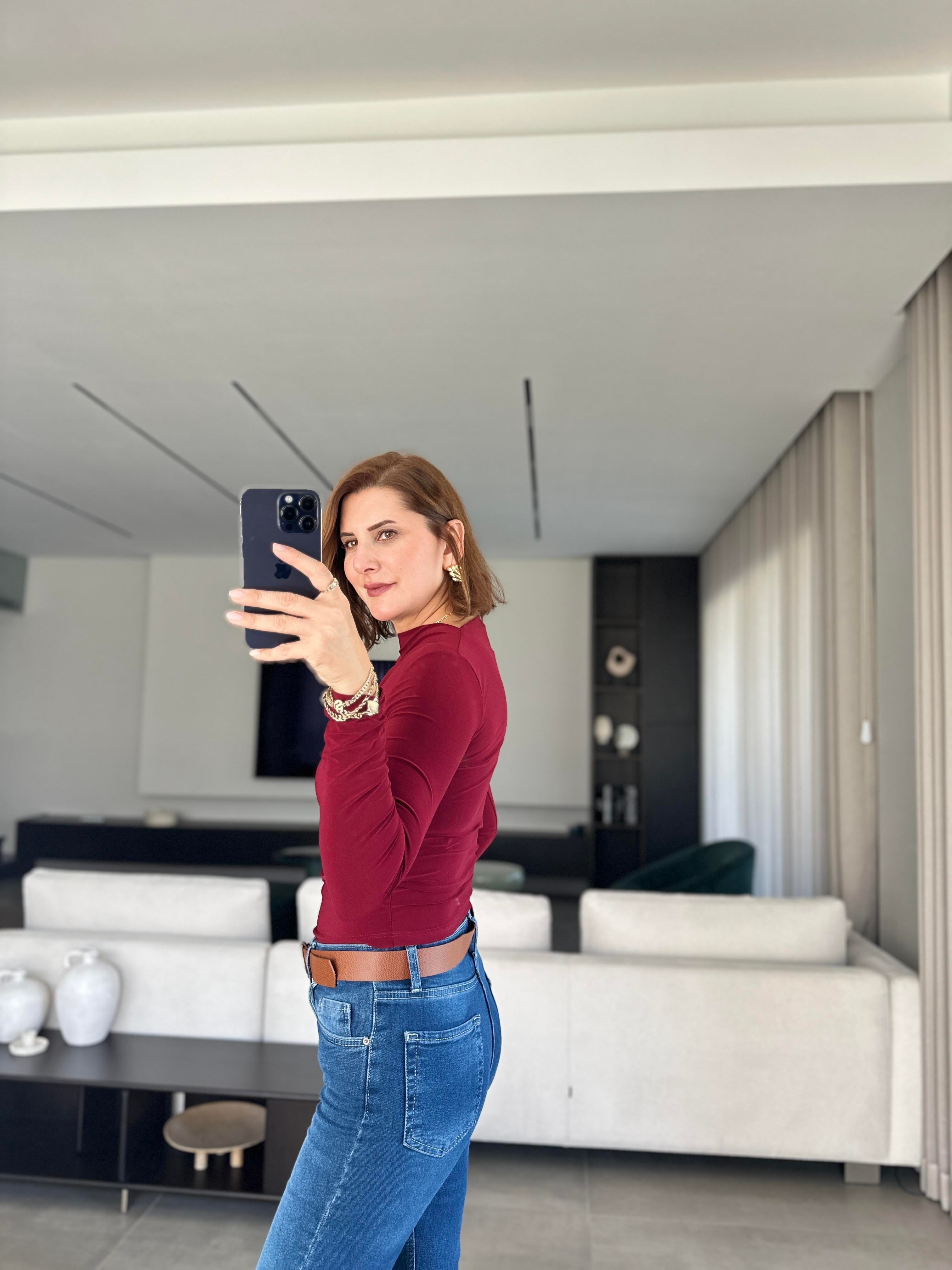 Bordo Göğüs Tokalı Bluz