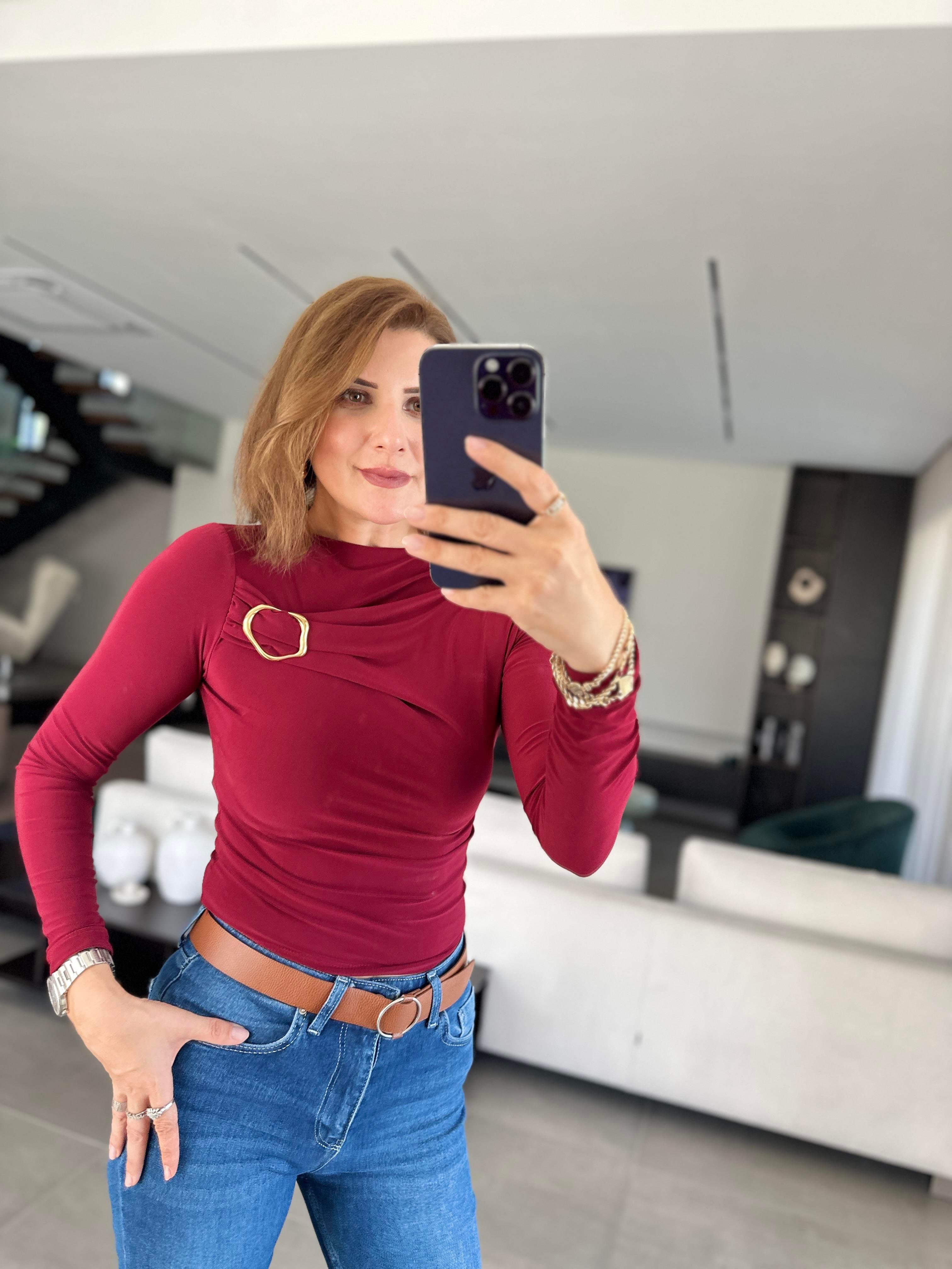Bordo Göğüs Tokalı Bluz