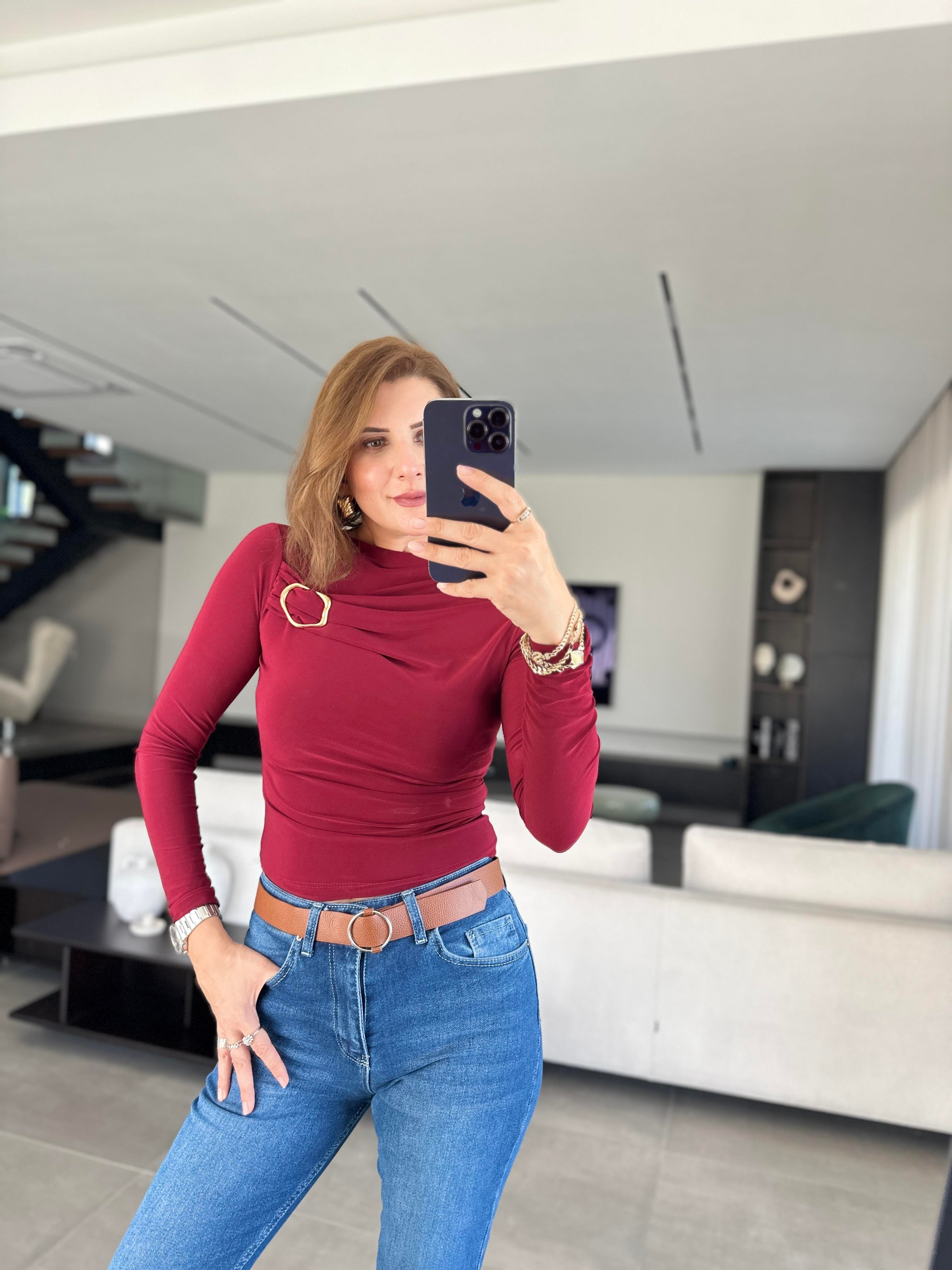 Bordo Göğüs Tokalı Bluz