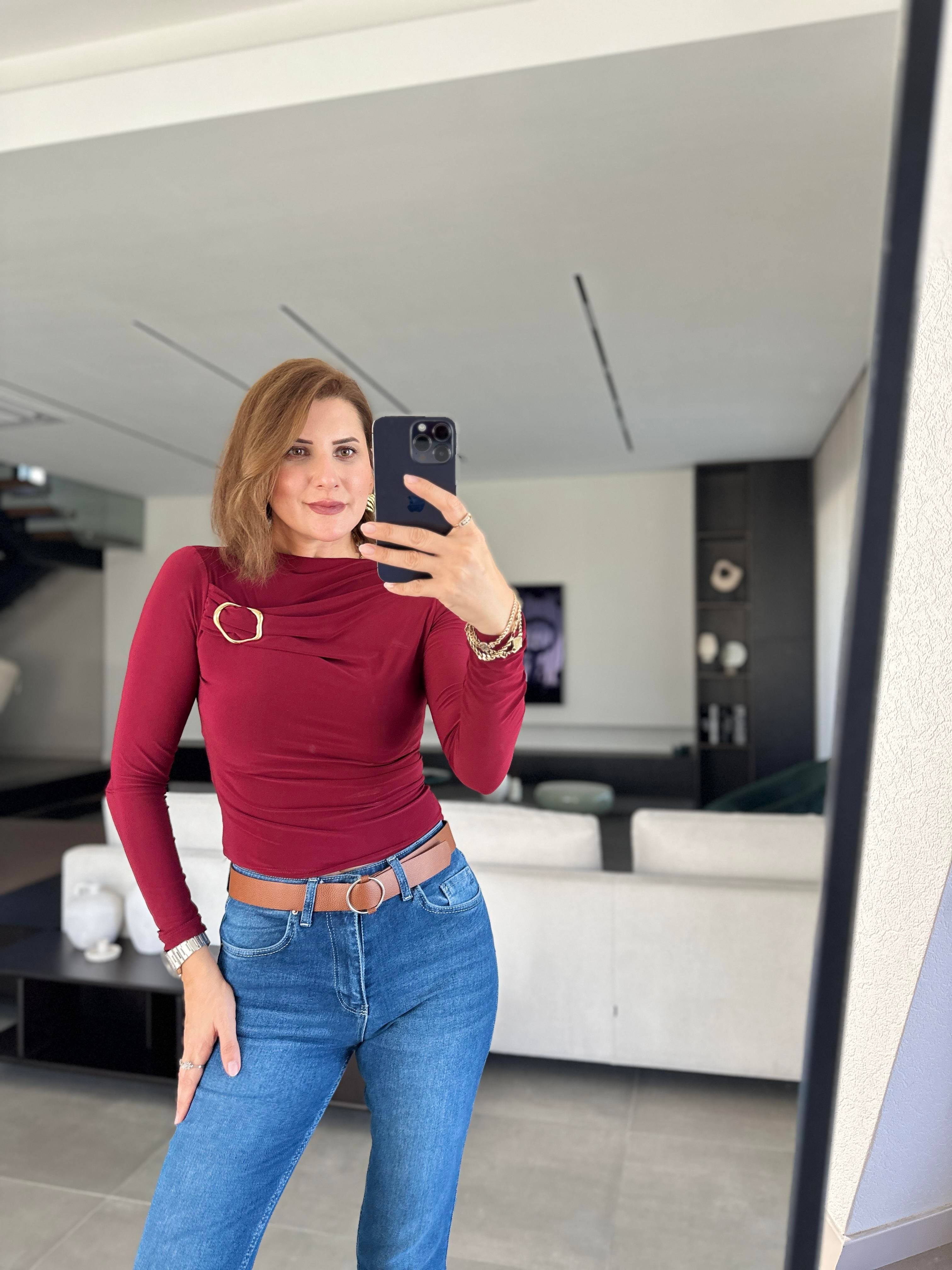 Bordo Göğüs Tokalı Bluz