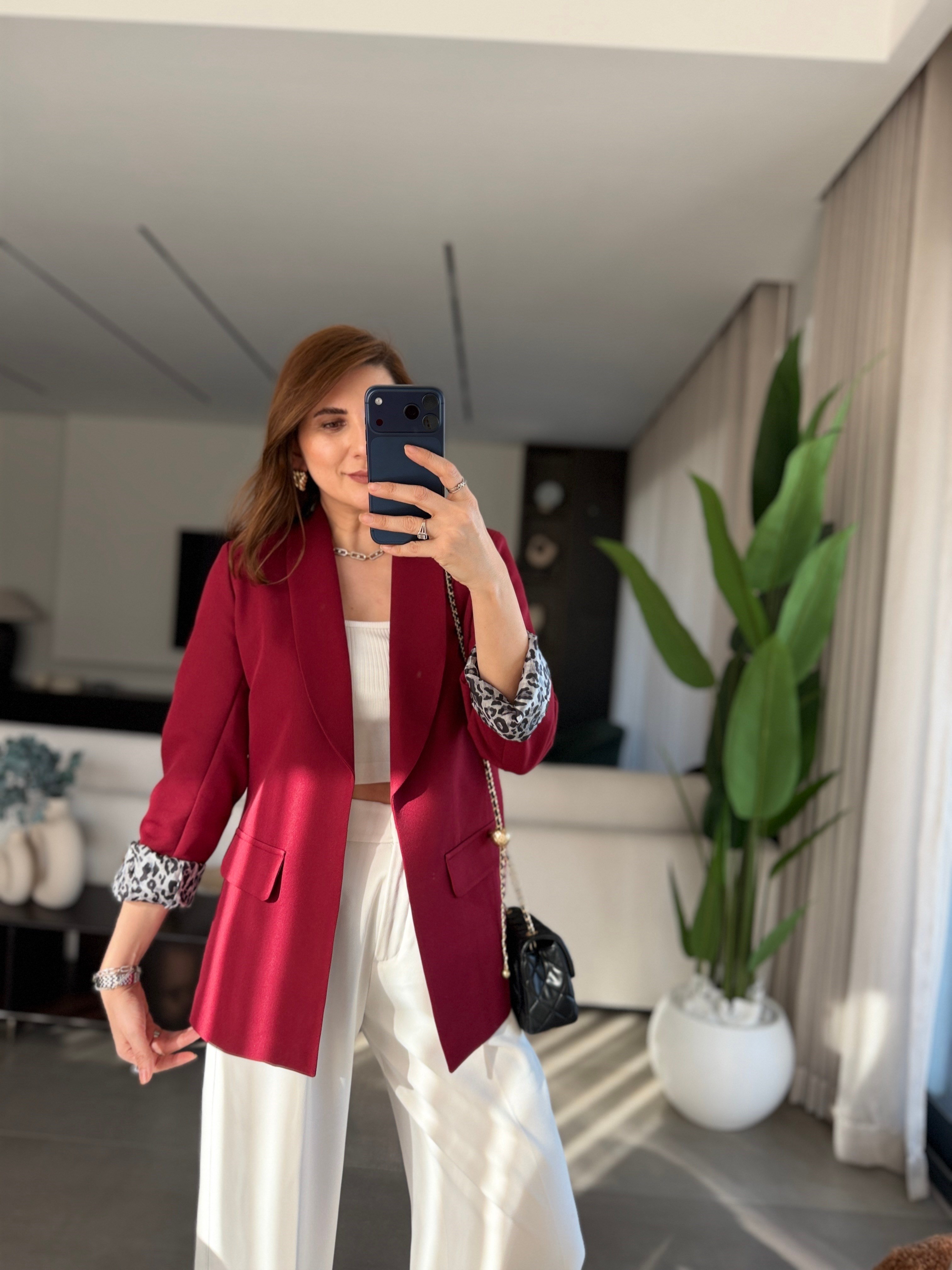 Bordo İçi Leopar Desen Blazer Ceket
