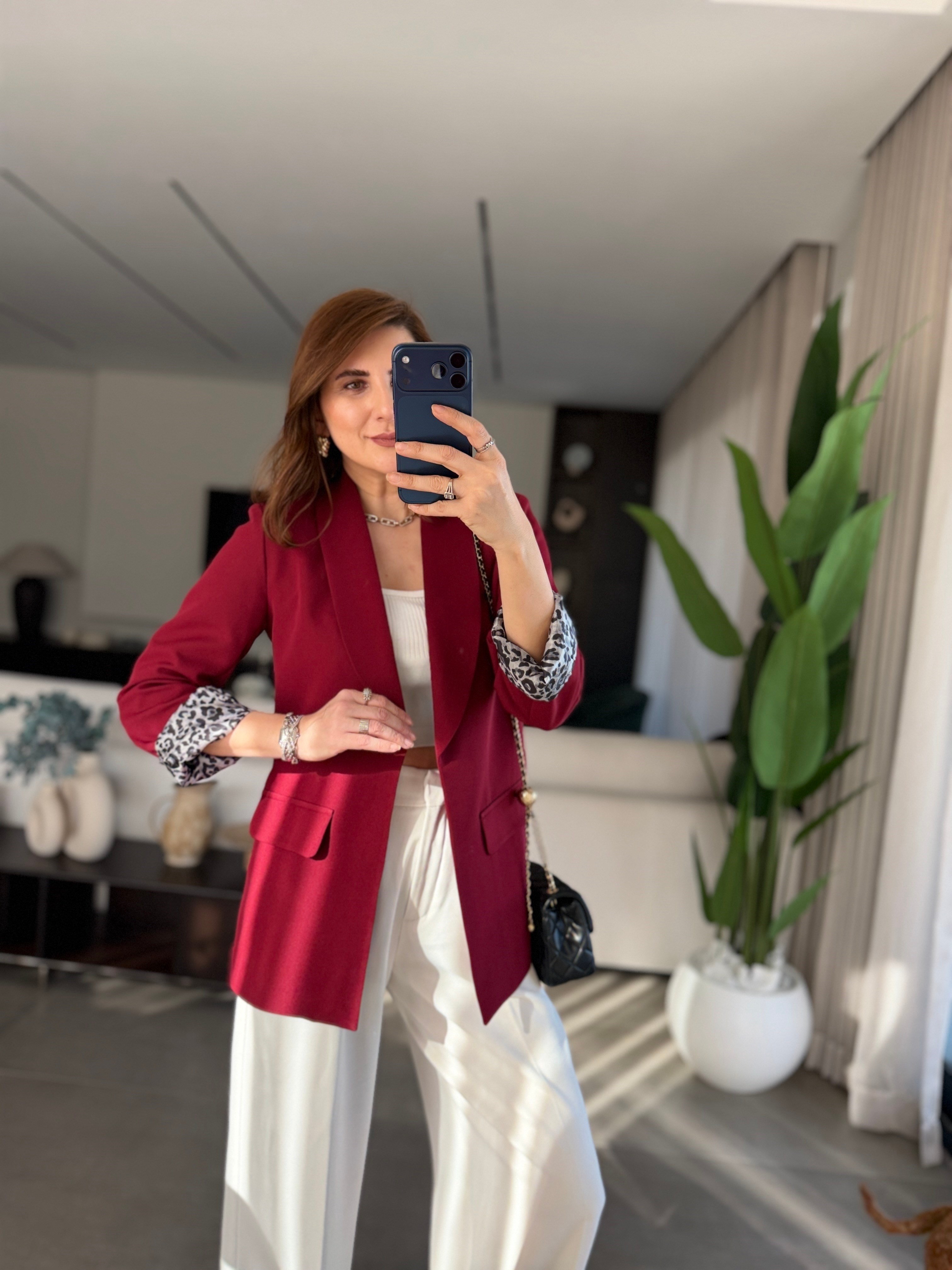 Bordo İçi Leopar Desen Blazer Ceket