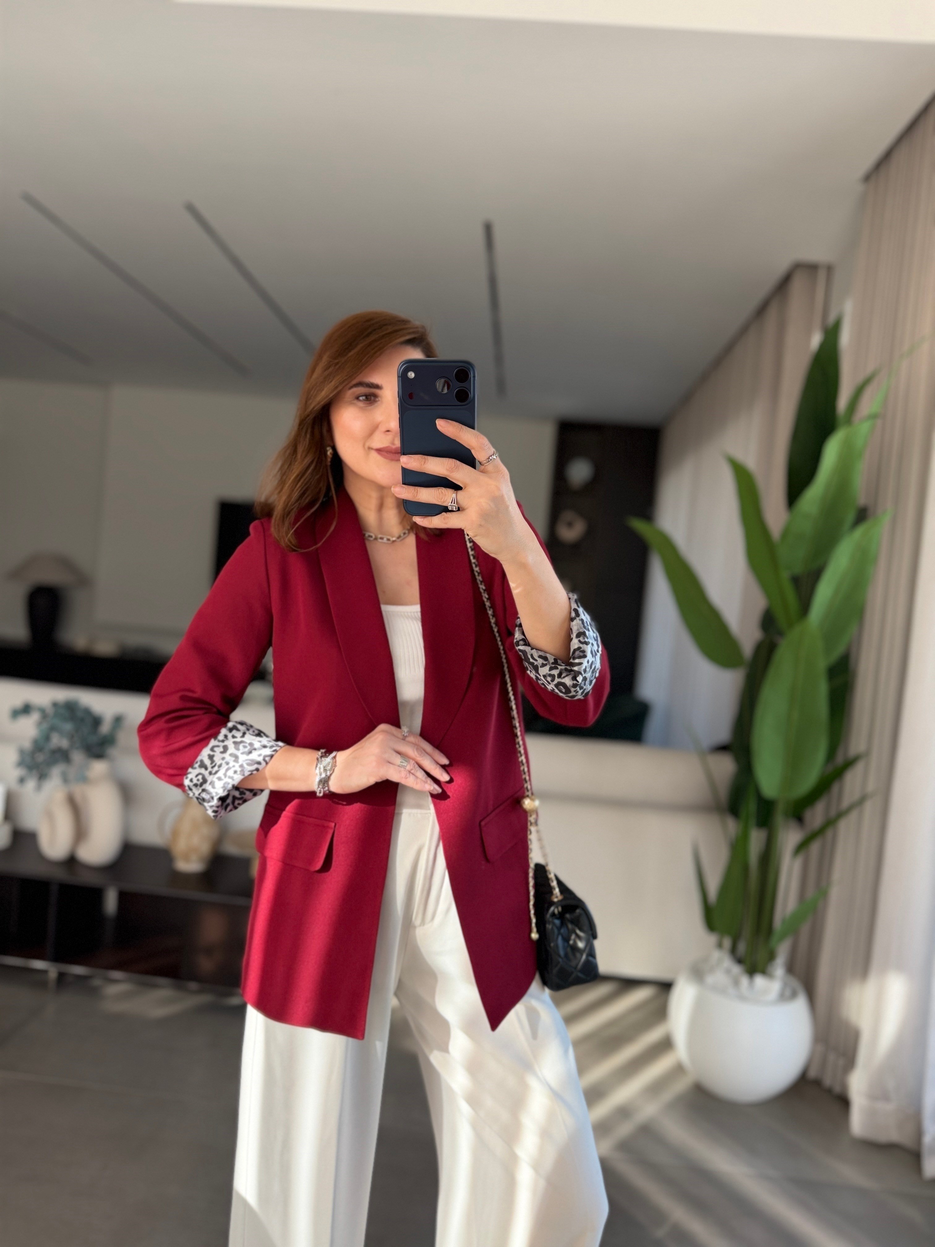 Bordo İçi Leopar Desen Blazer Ceket