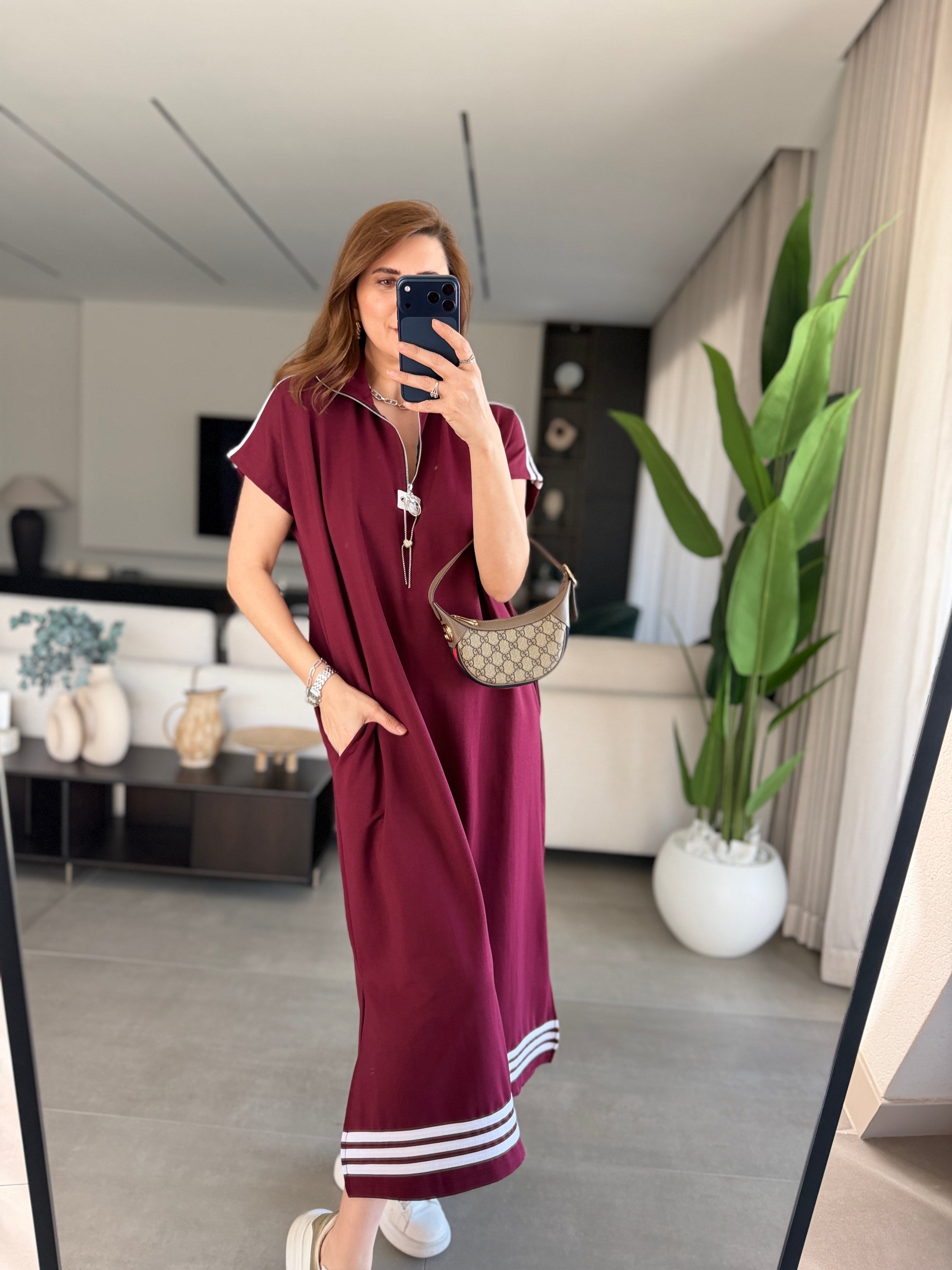 Bordo İki İplik Şeritli Elbise
