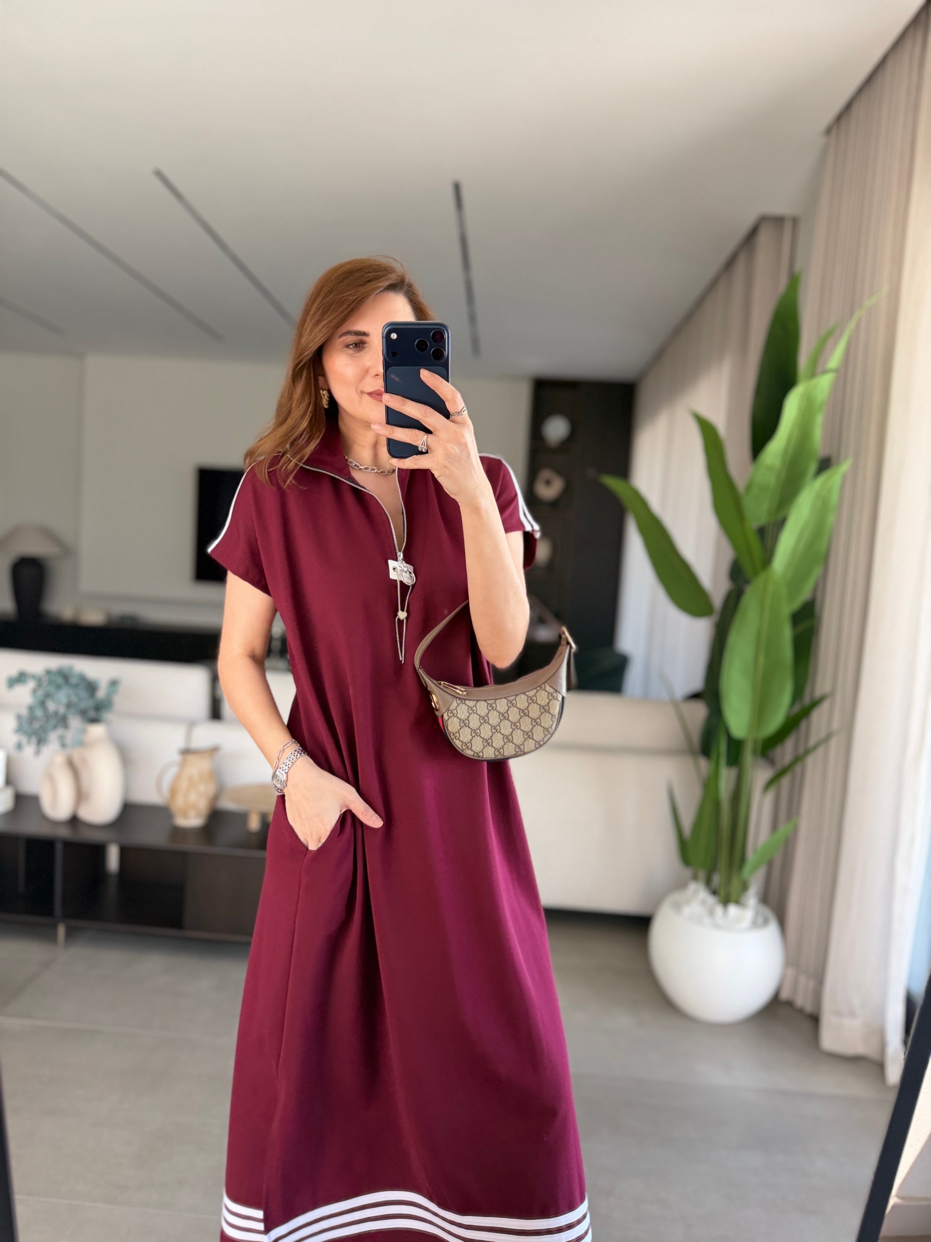 Bordo İki İplik Şeritli Elbise