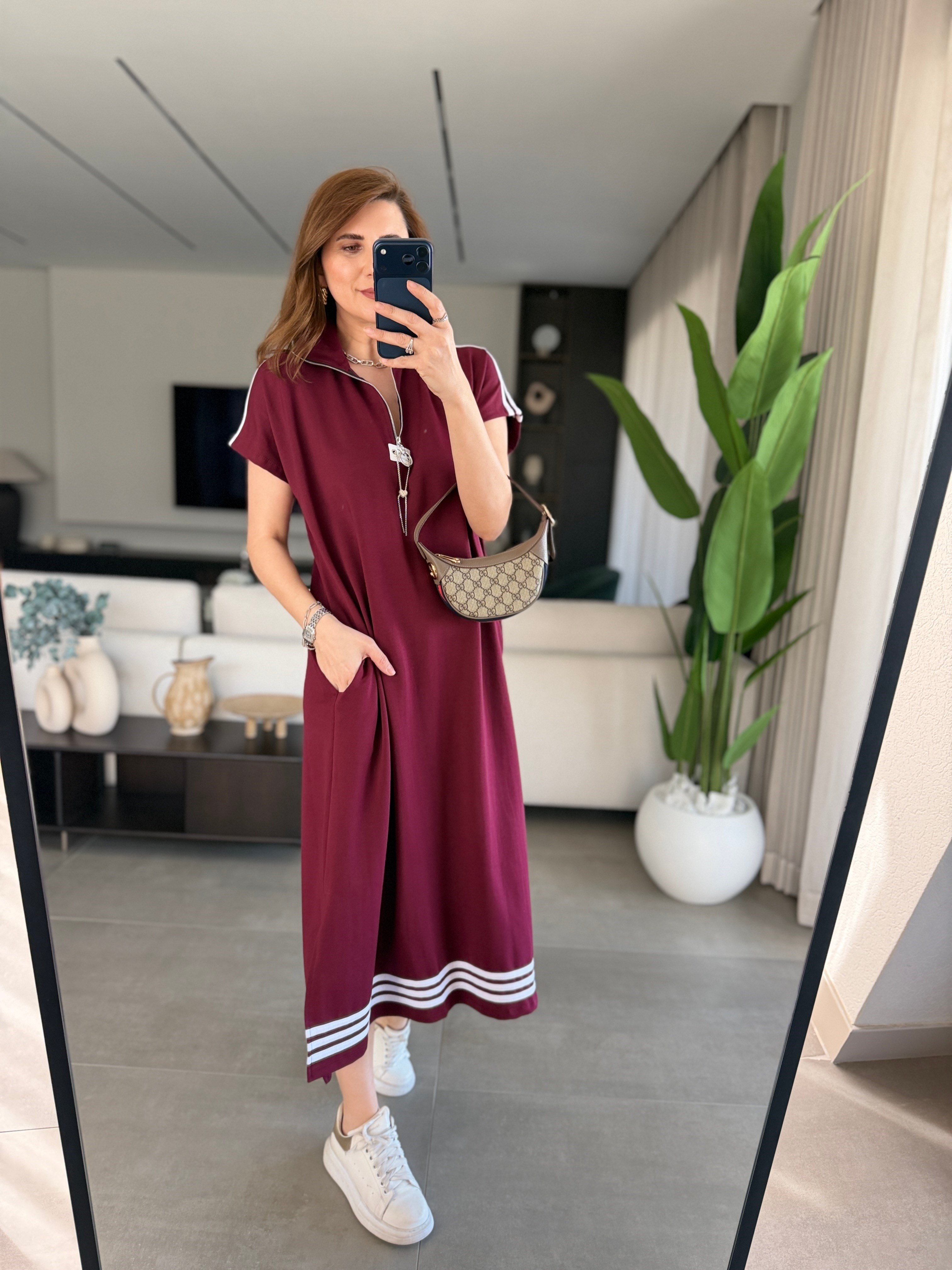 Bordo İki İplik Şeritli Elbise