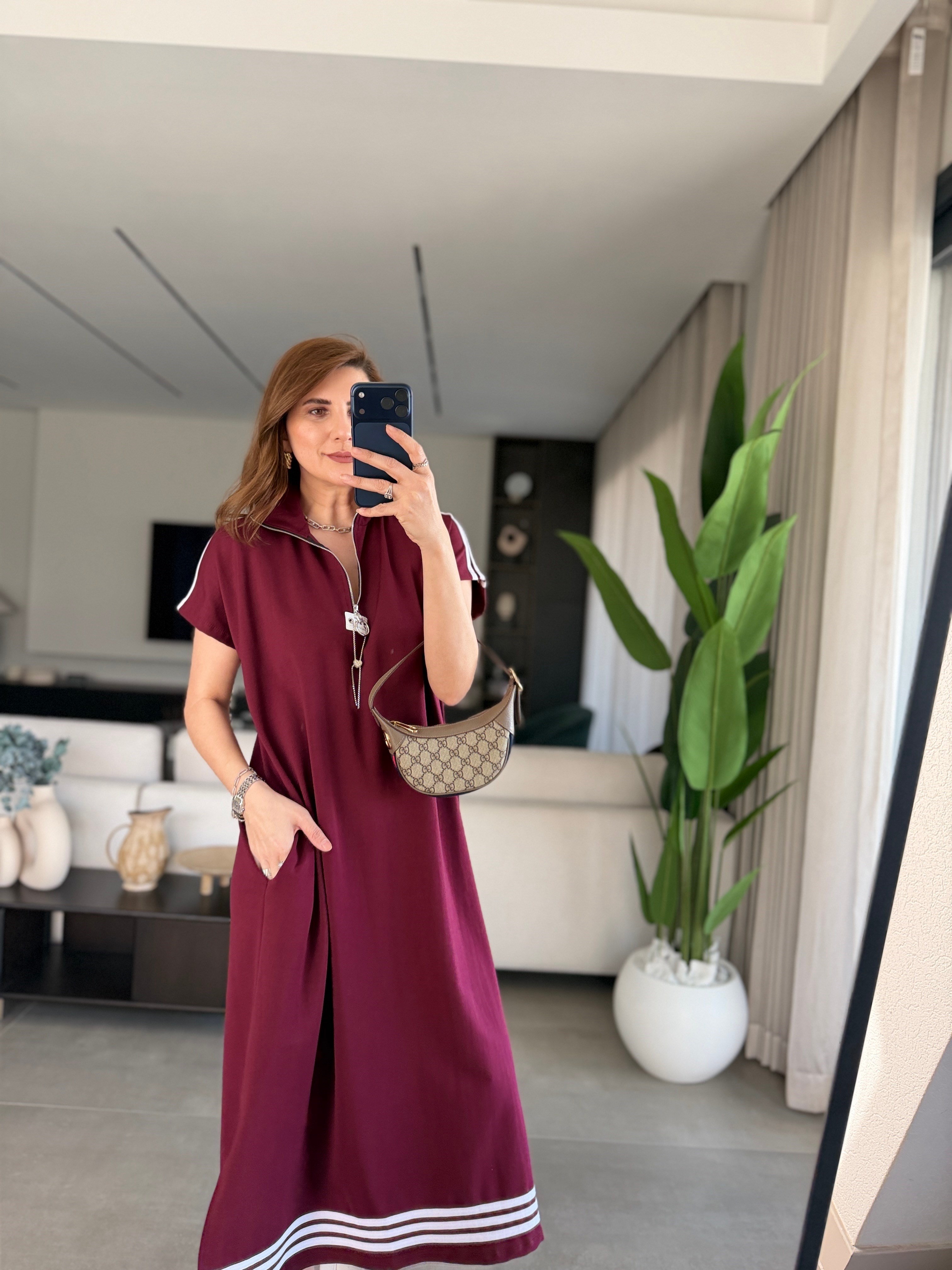 Bordo İki İplik Şeritli Elbise