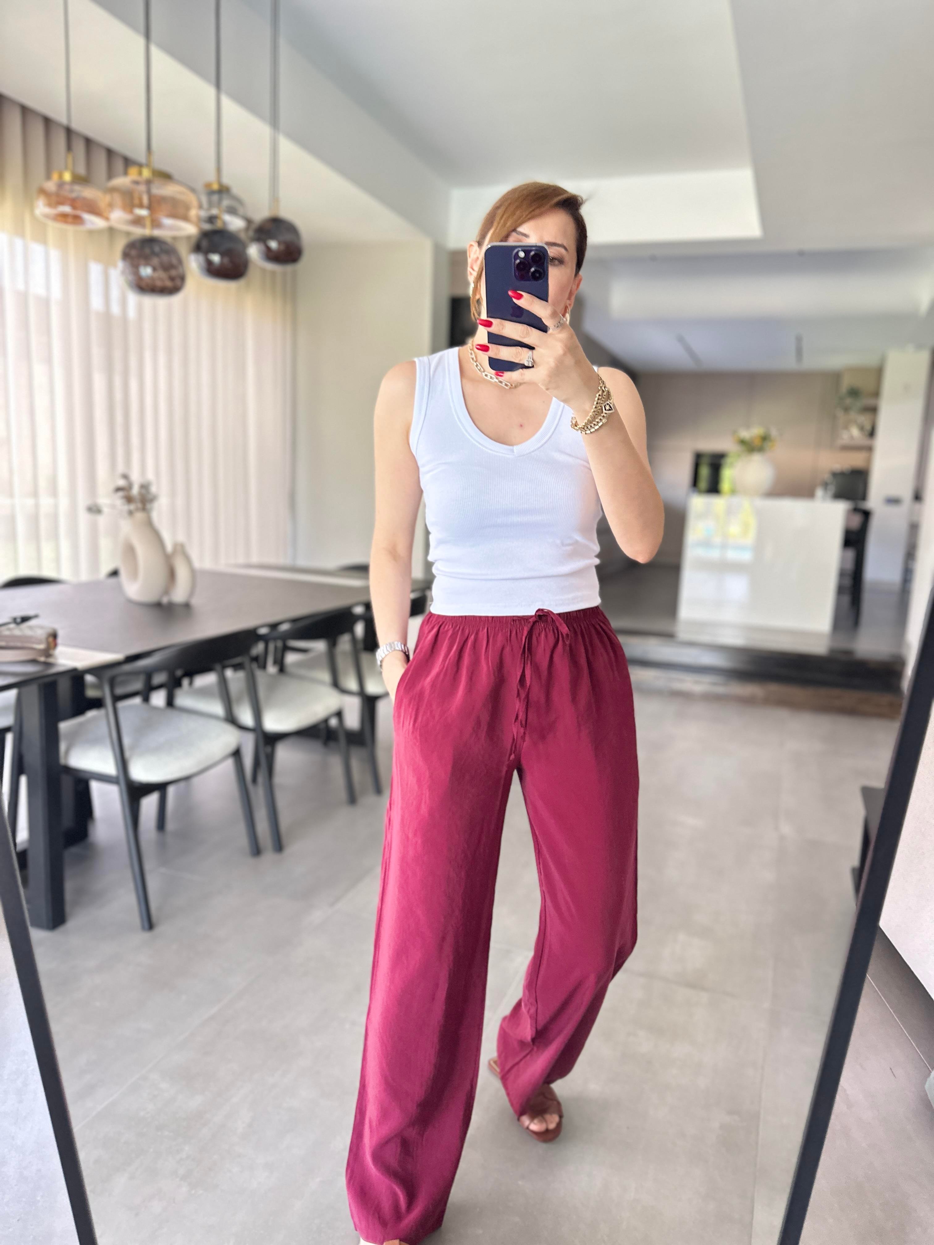 Bordo İnce Kemerli Mas Pantolon