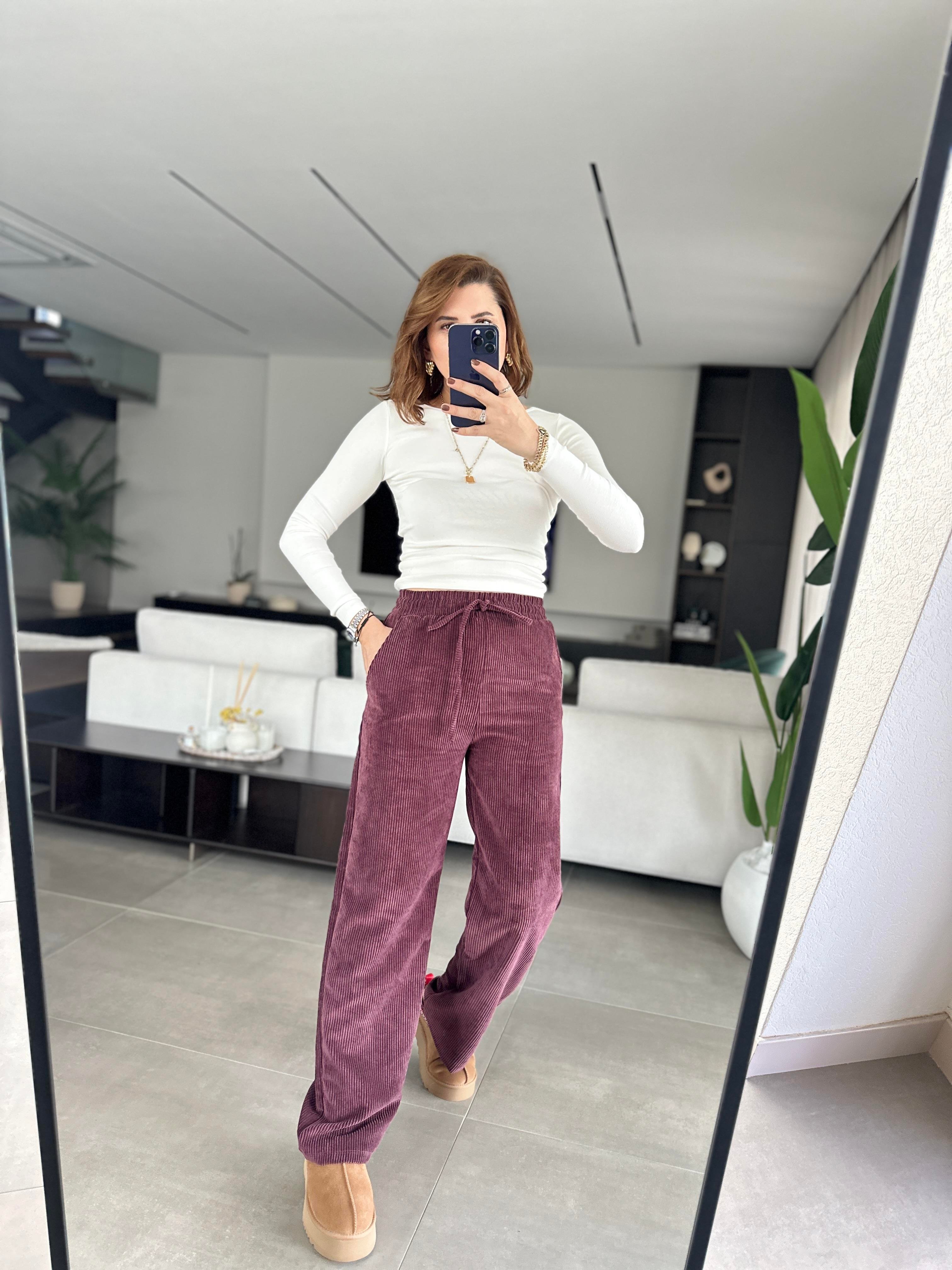 Bordo Kalın Fitilli Beli İpli Pantolon