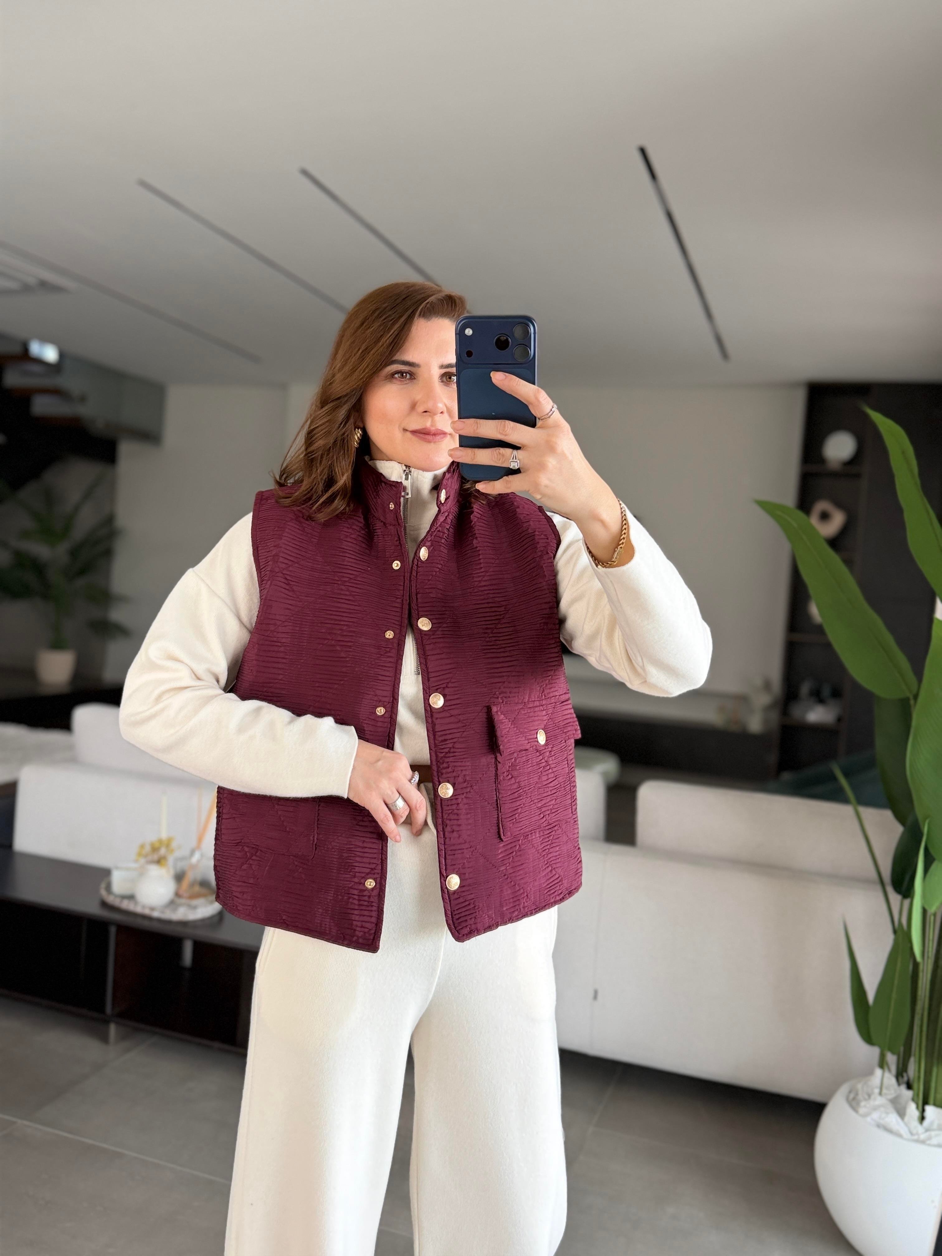 Bordo Kapitoneli Gold Düğmeli Kısa Yelek