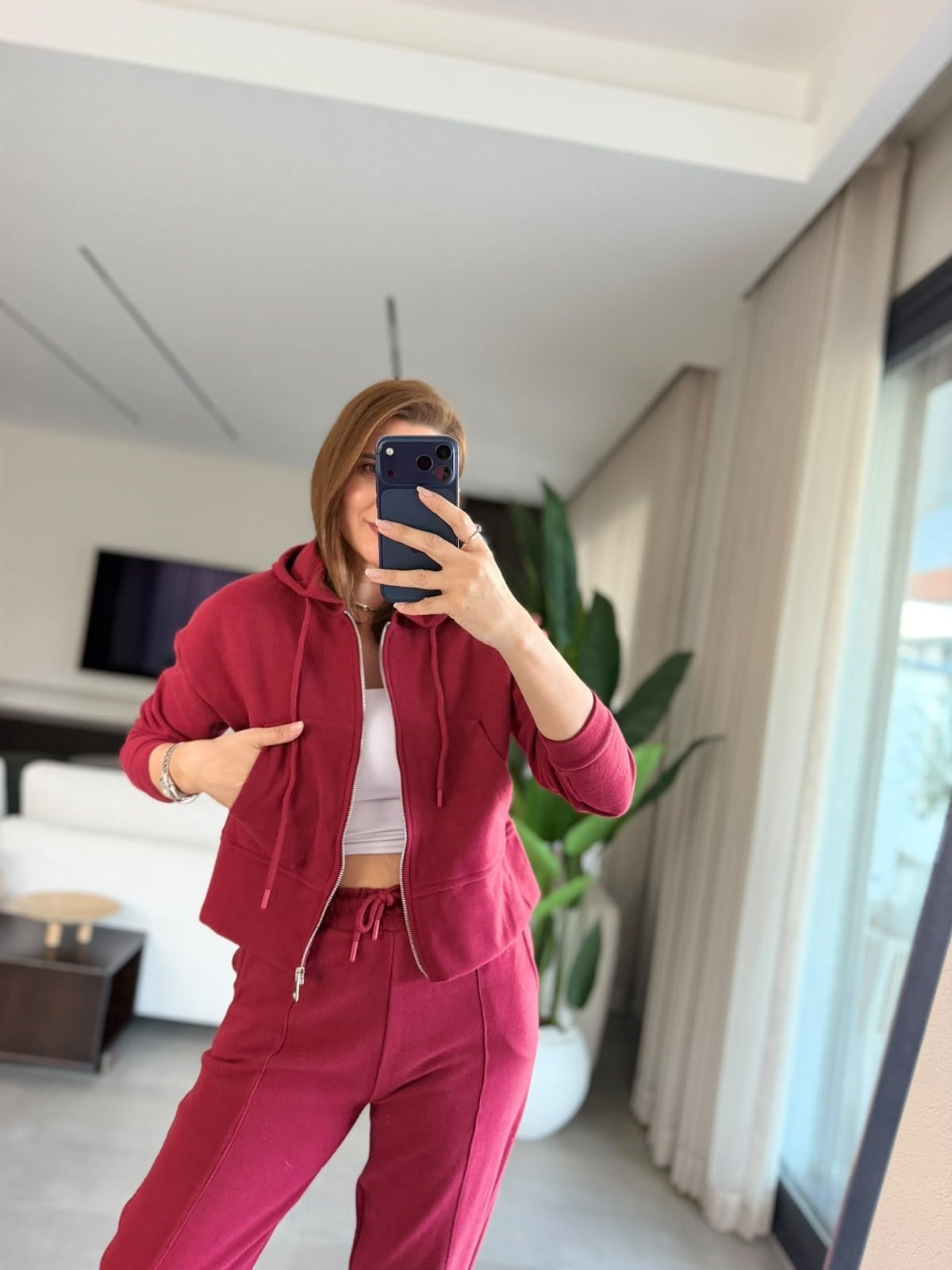 Bordo Kapşonlu Selanik Kısa Ceket