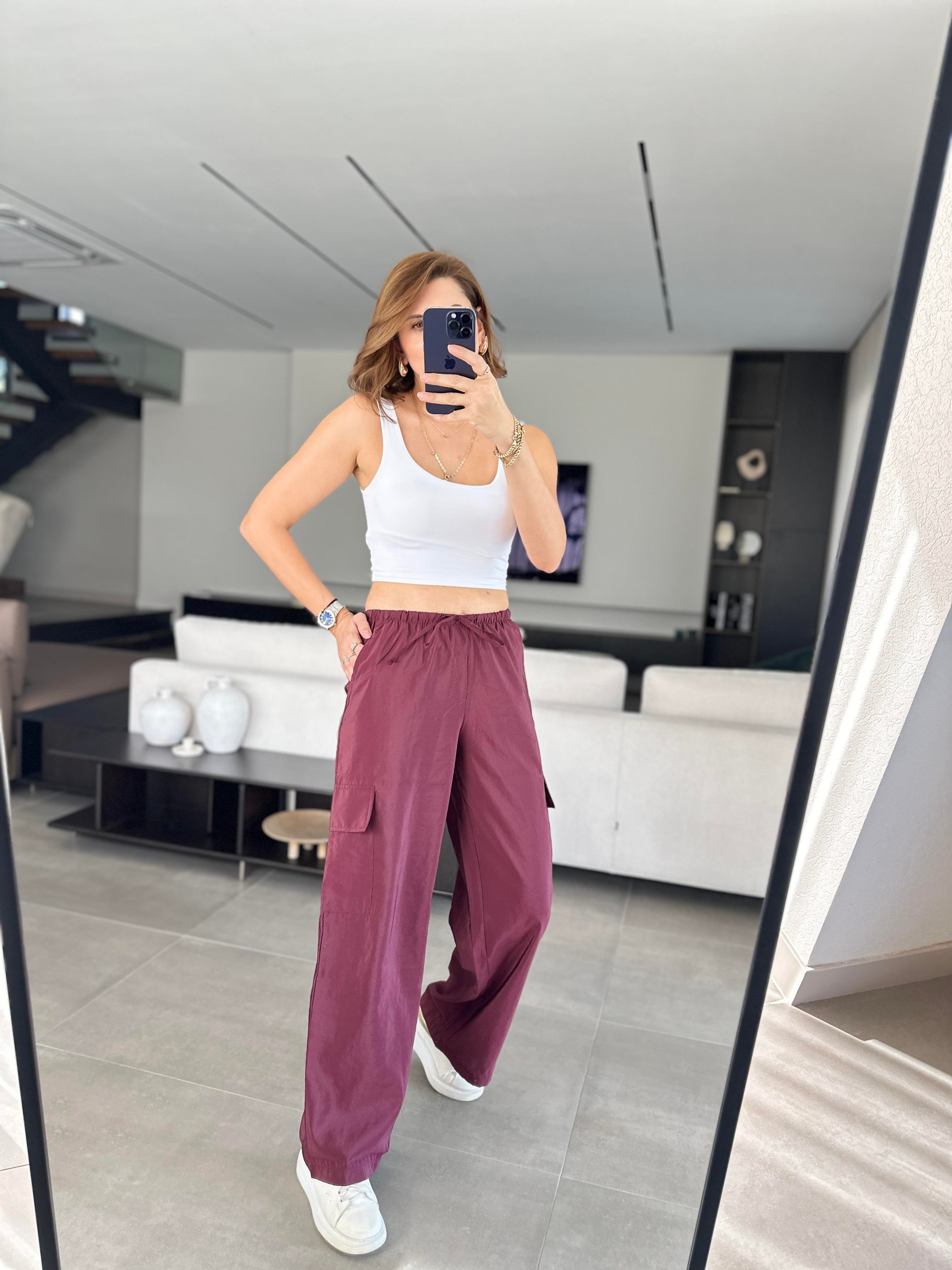 Bordo Kargo Cep Bağcıklı Pantolon