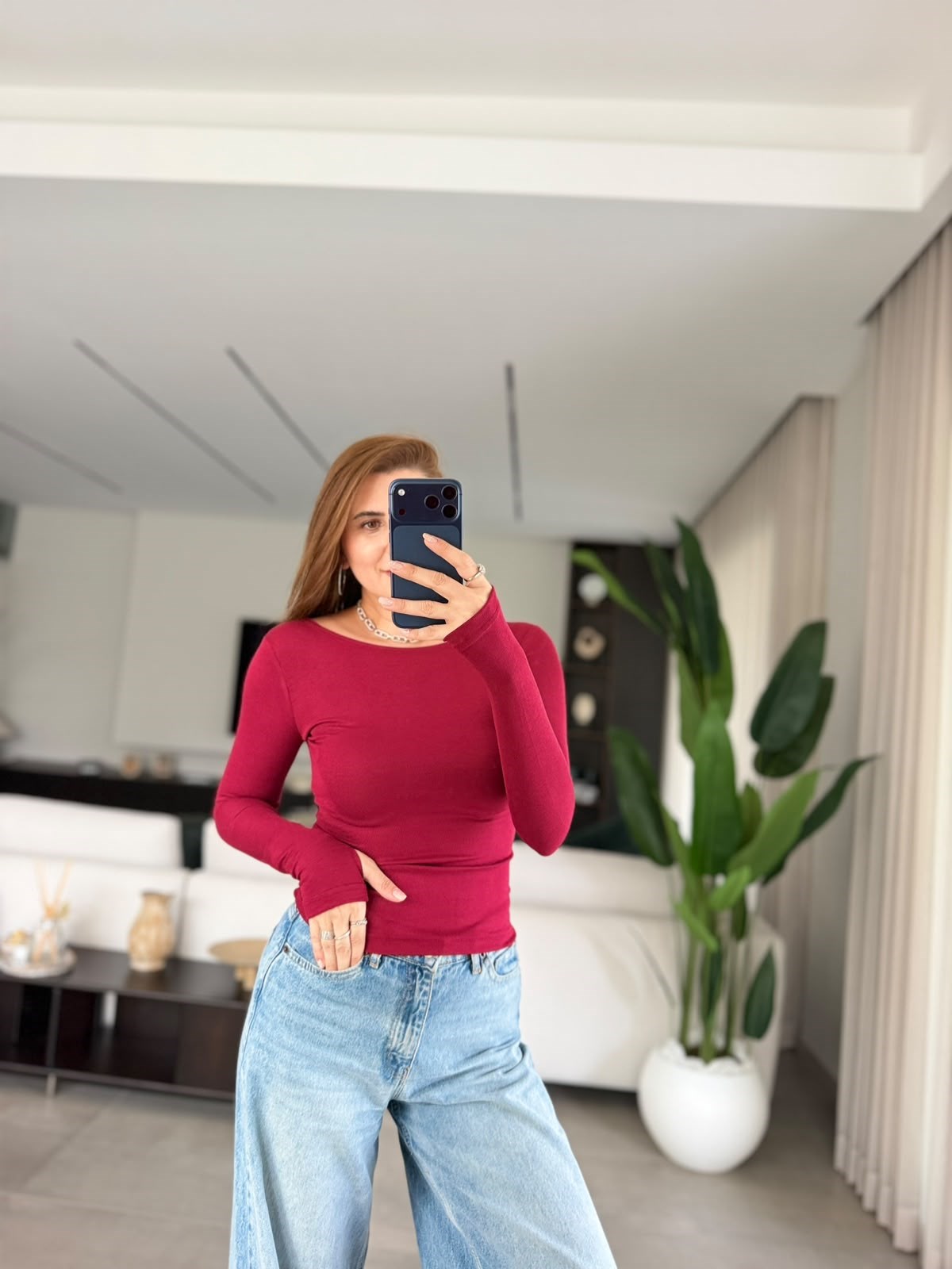 Bordo Kayık Yaka Parmak Geçmeli Bluz