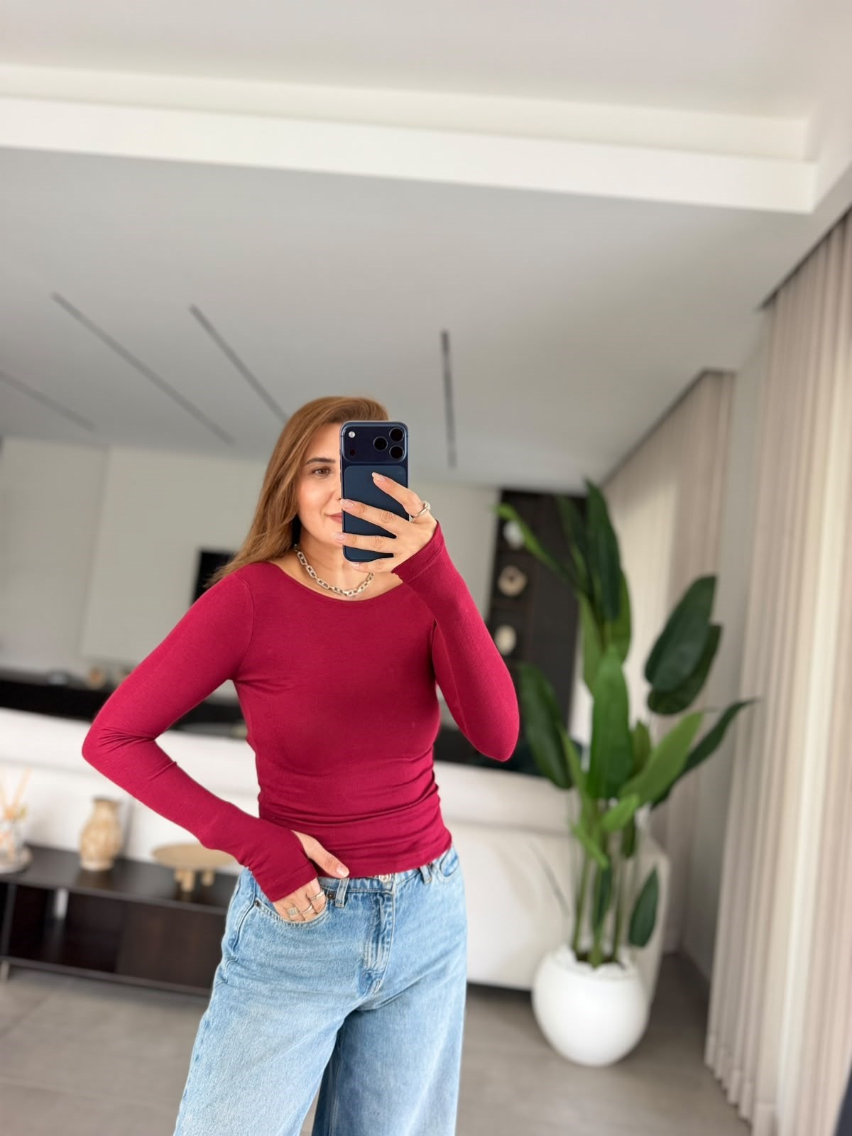Bordo Kayık Yaka Parmak Geçmeli Bluz