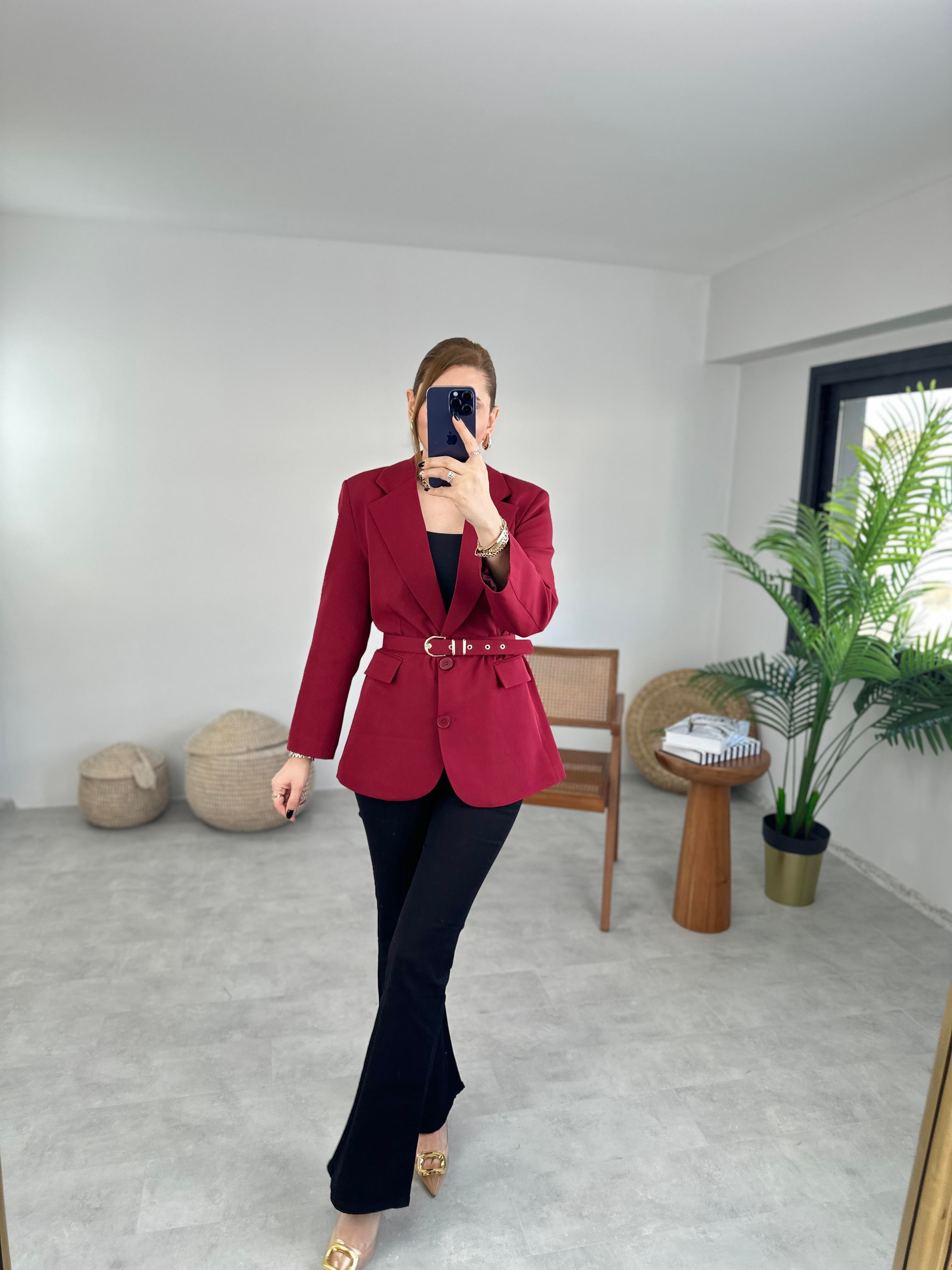 Bordo Kemerli Blazer Ceket