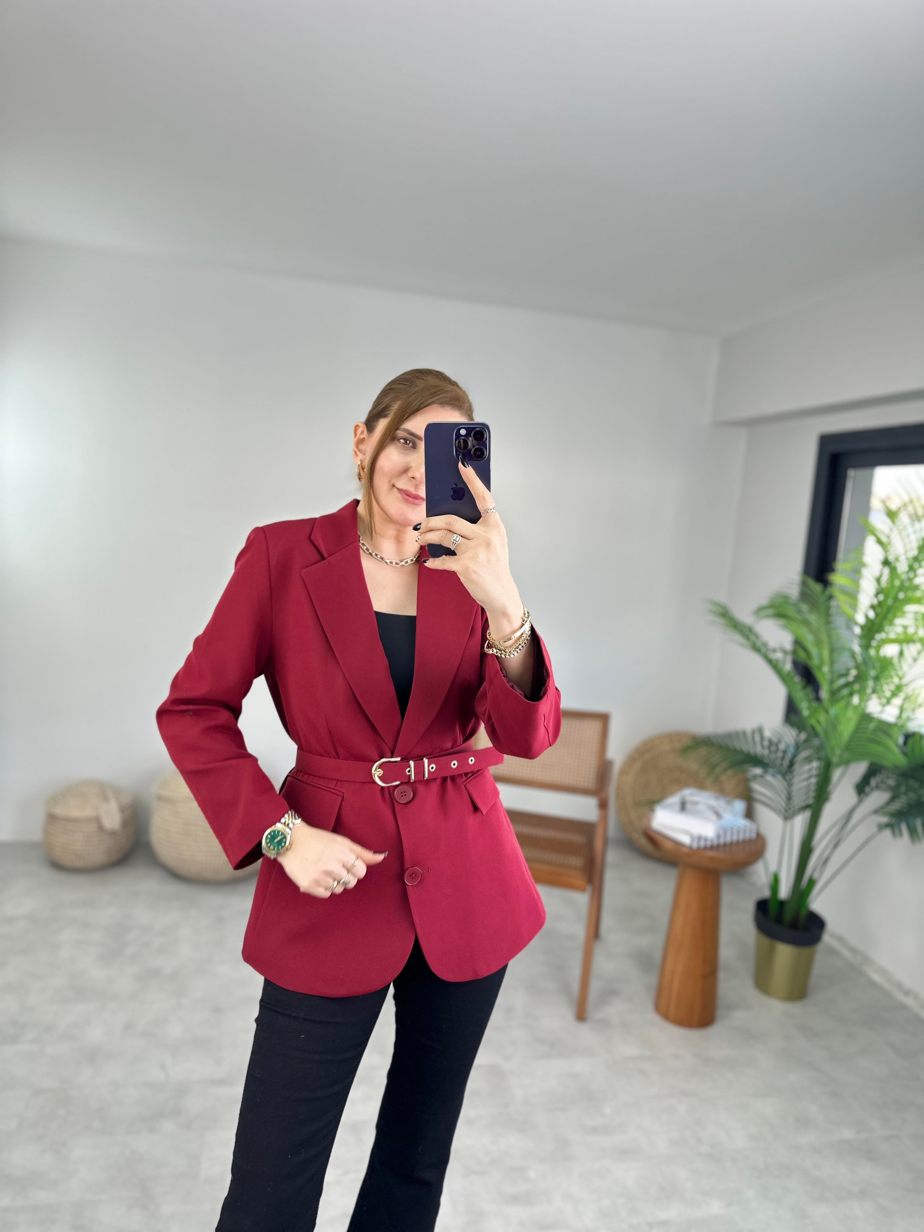 Bordo Kemerli Blazer Ceket