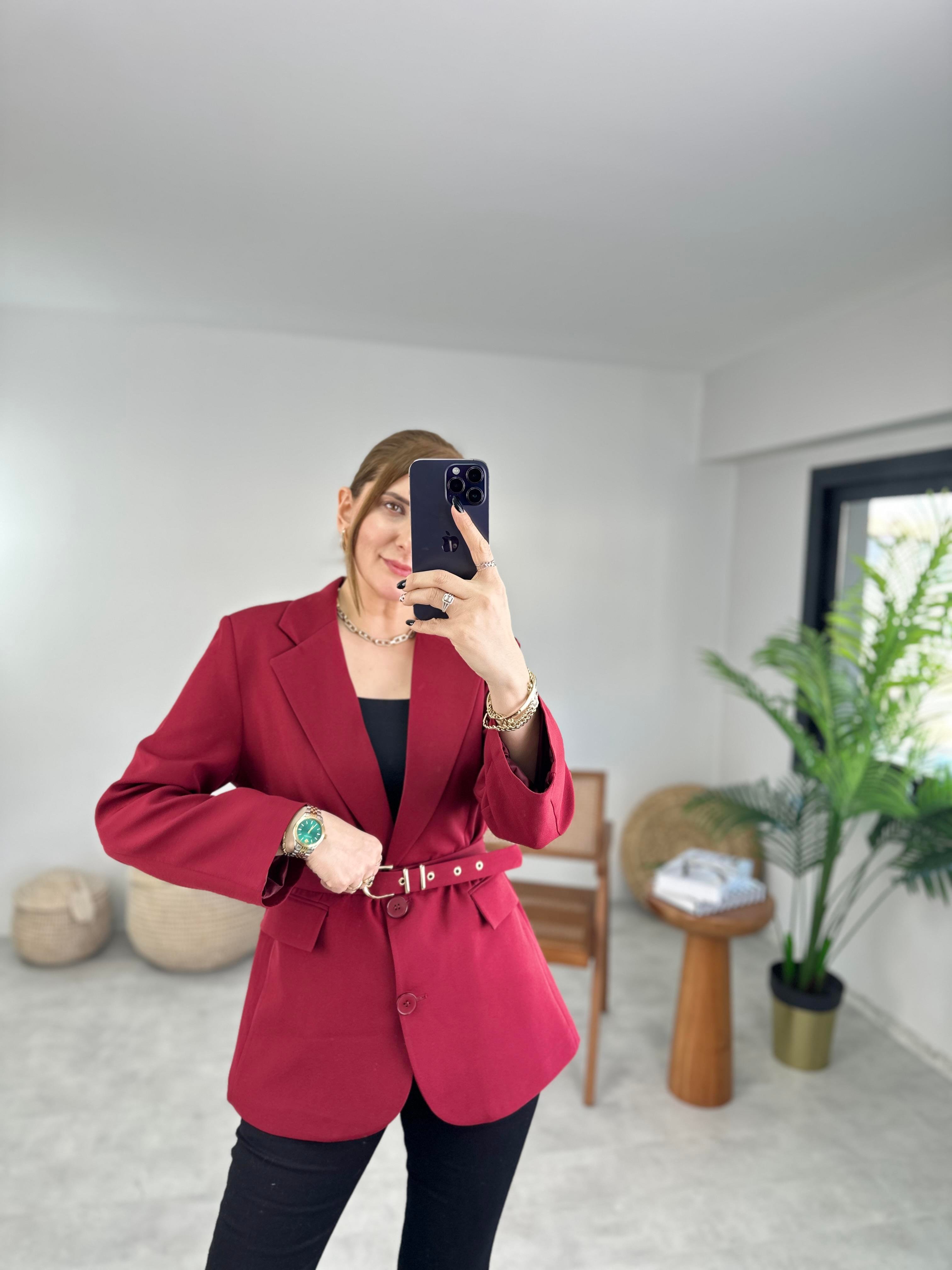 Bordo Kemerli Blazer Ceket