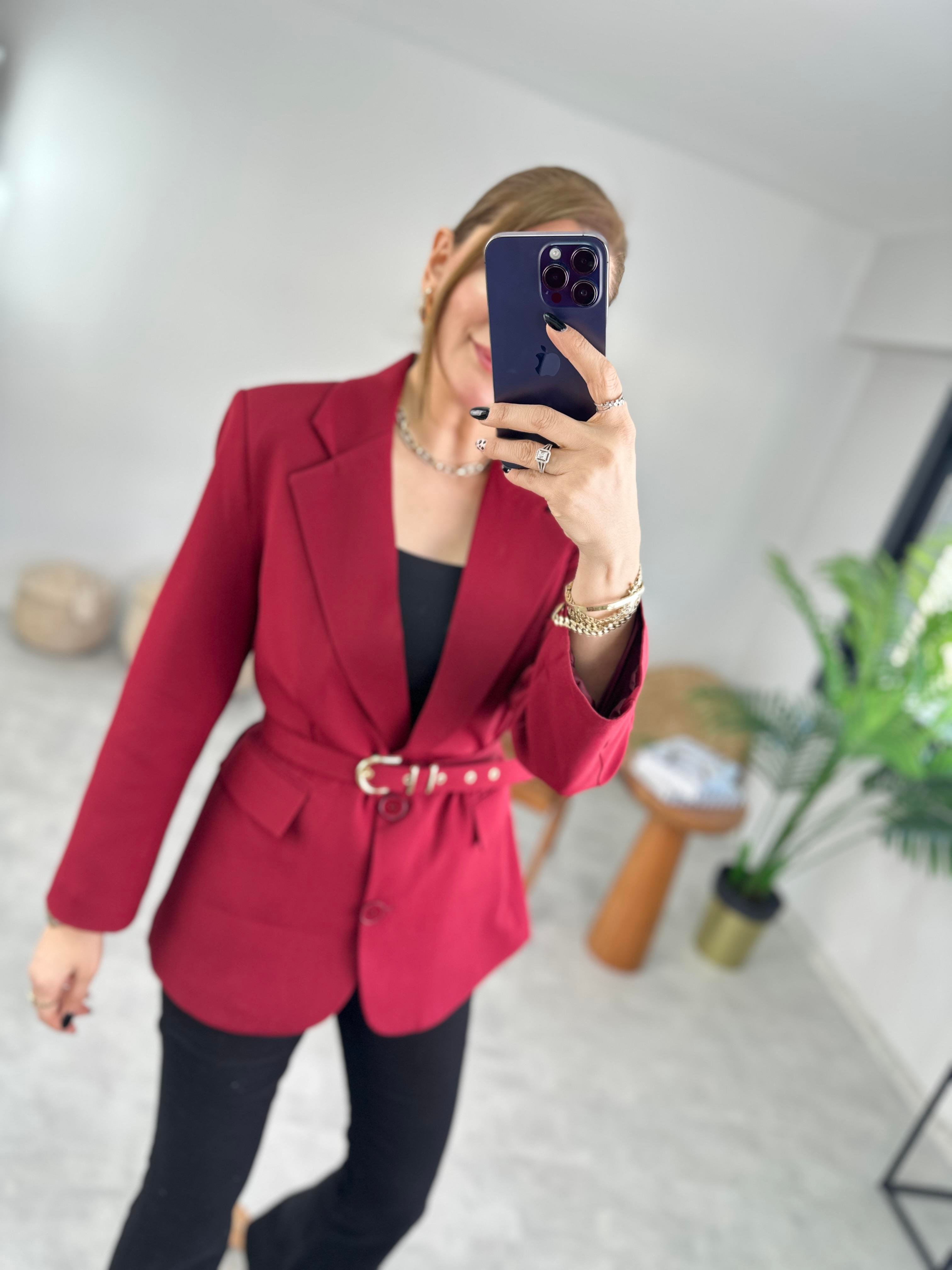 Bordo Kemerli Blazer Ceket