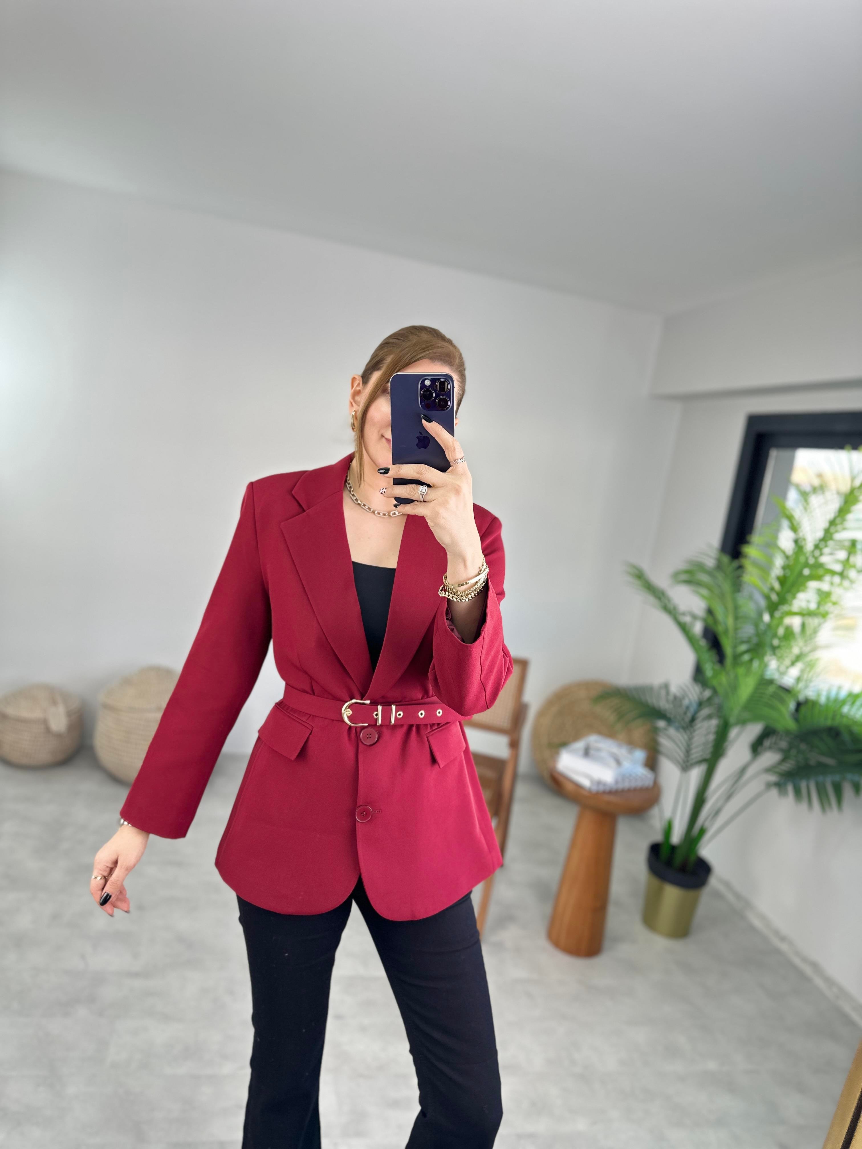 Bordo Kemerli Blazer Ceket