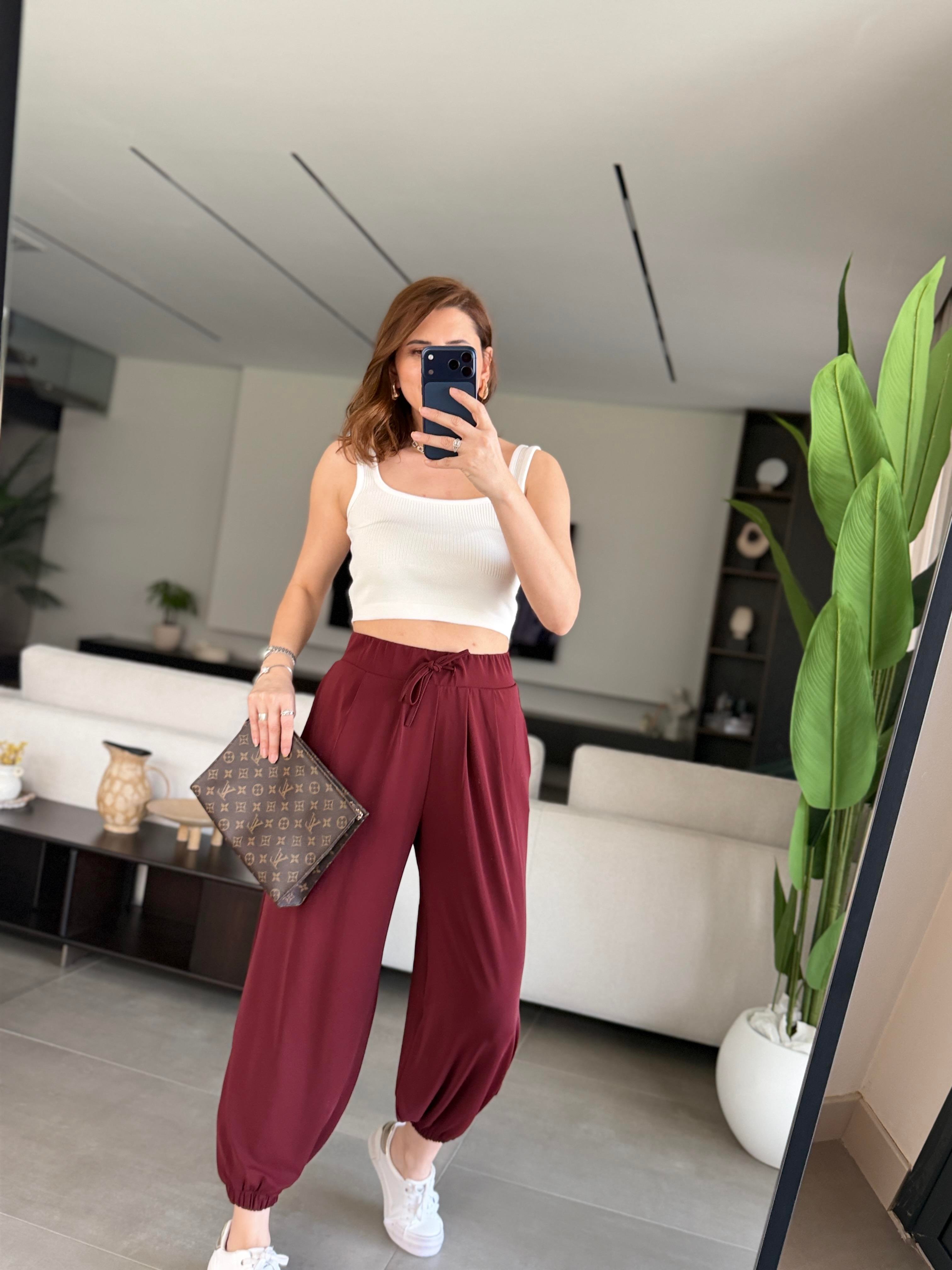 Bordo Kemerli Şalvar Pantolon