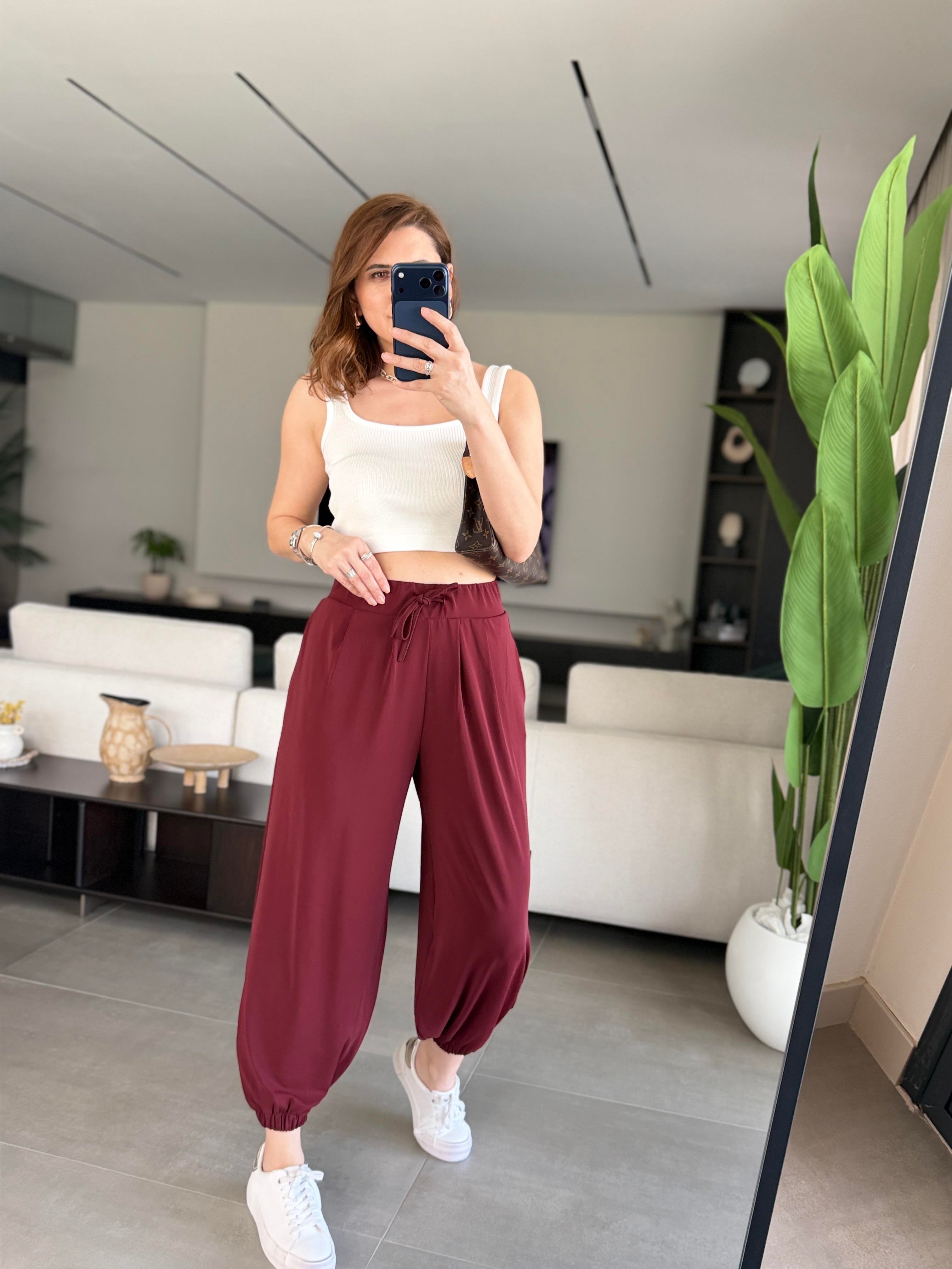 Bordo Kemerli Şalvar Pantolon