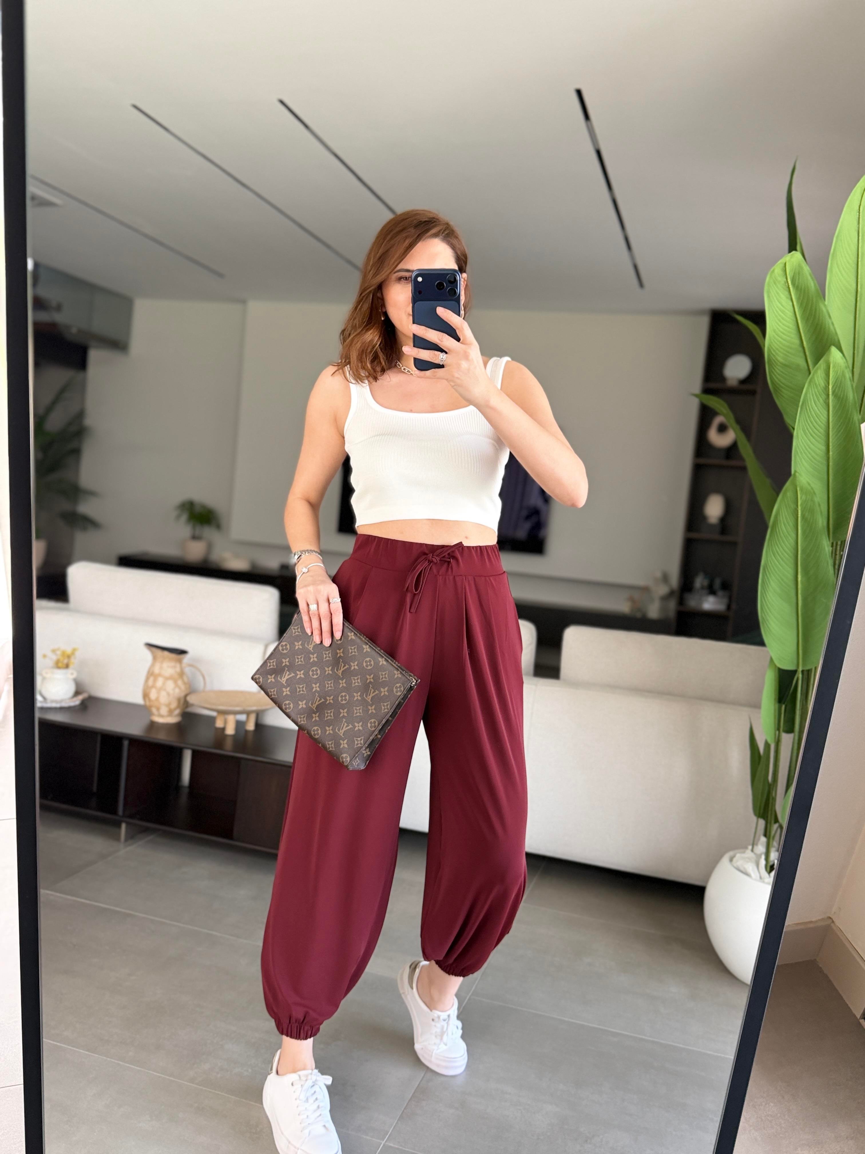 Bordo Kemerli Şalvar Pantolon