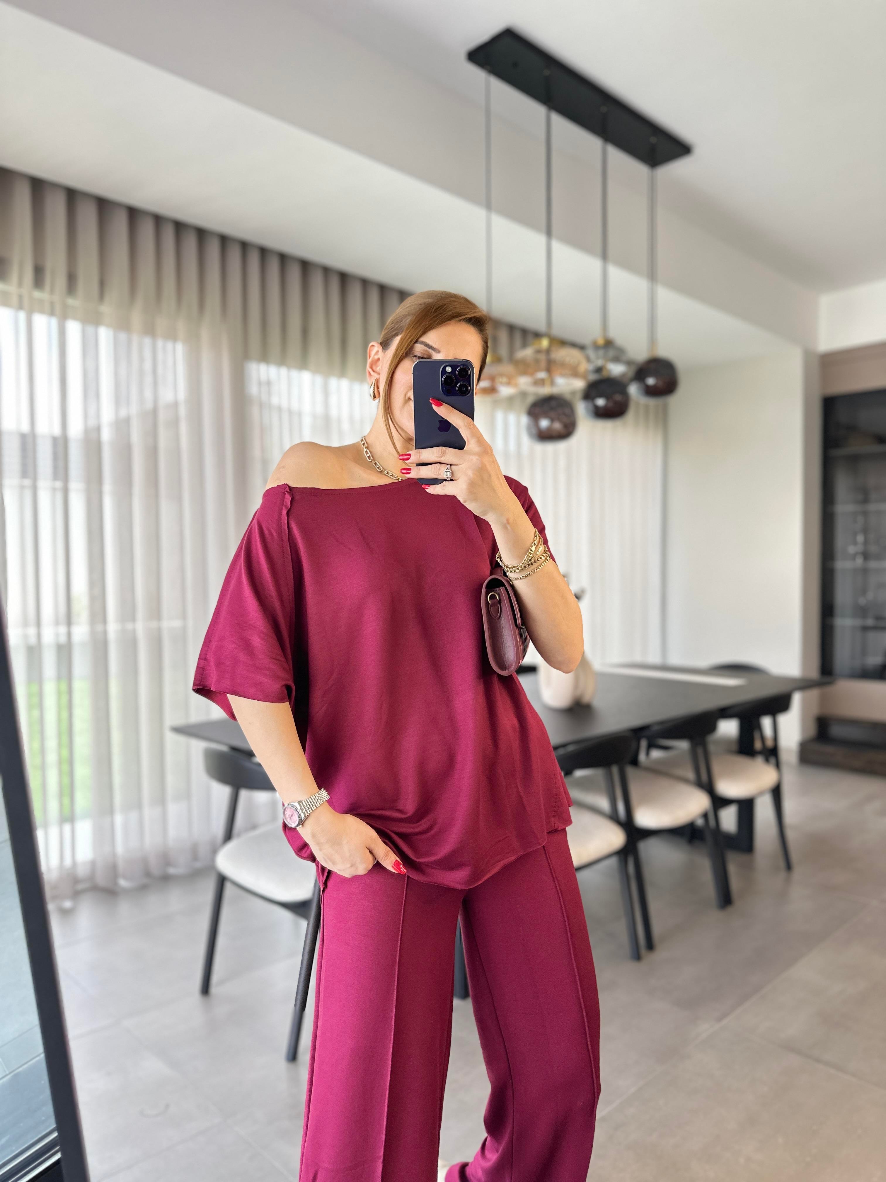 Bordo Kısa Kollu Pis Dikişli Takım