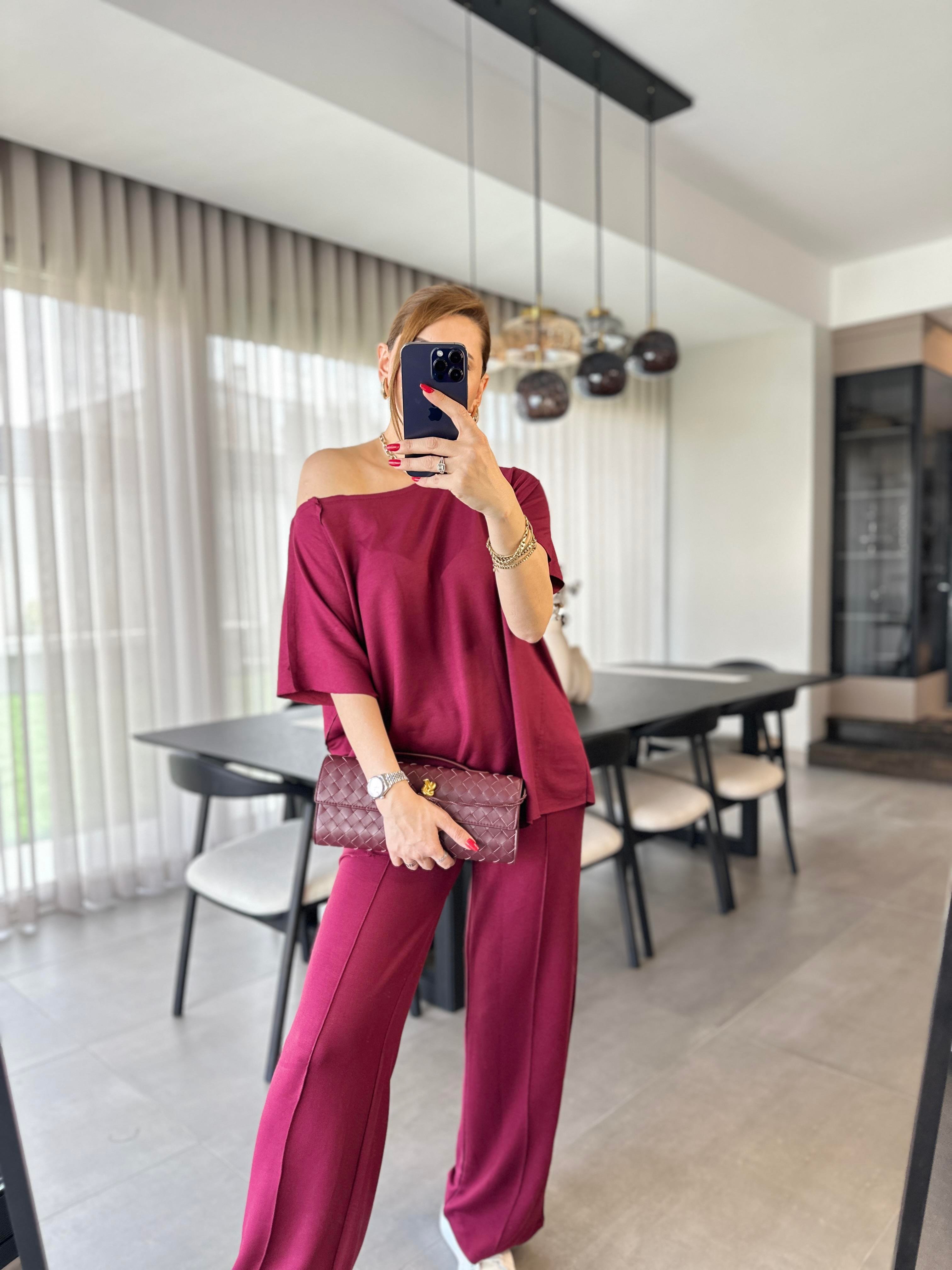 Bordo Kısa Kollu Pis Dikişli Takım