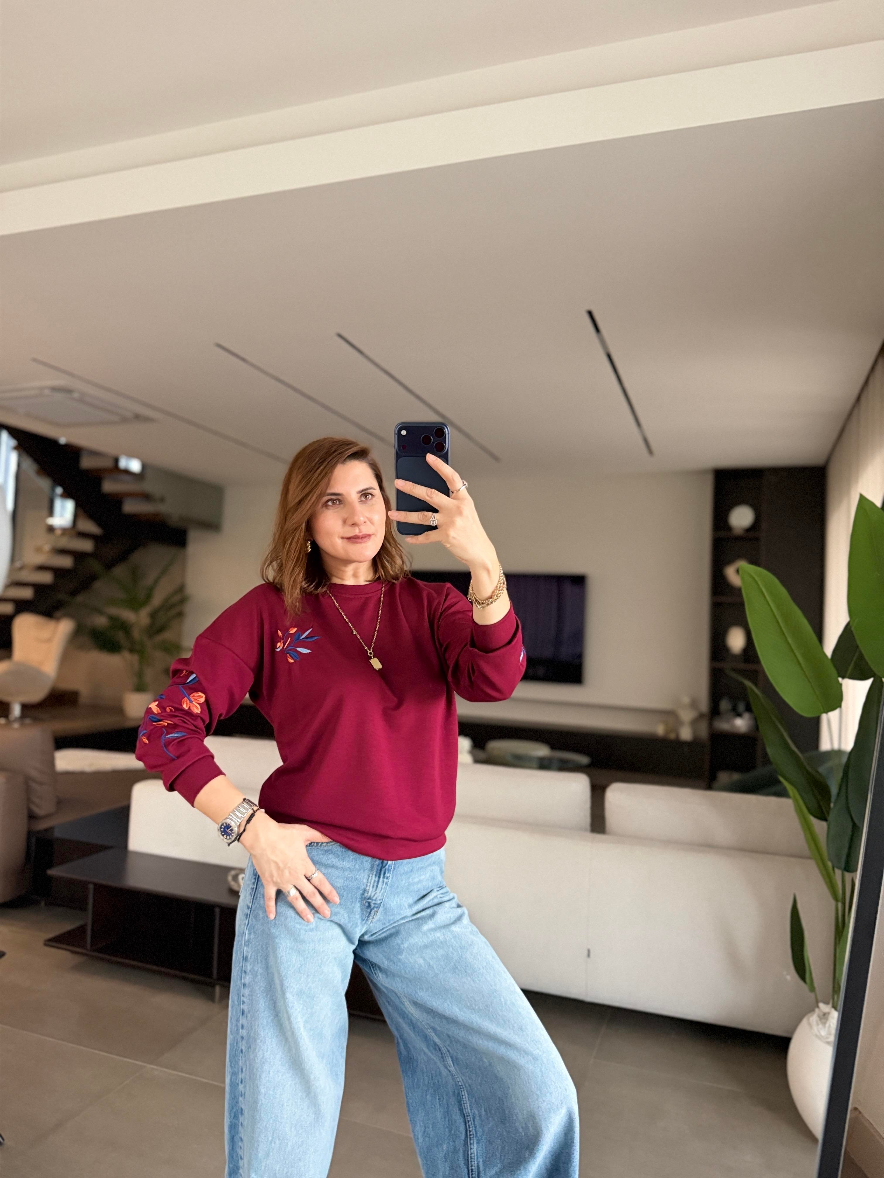 Bordo Kol Nakışlı Sweat