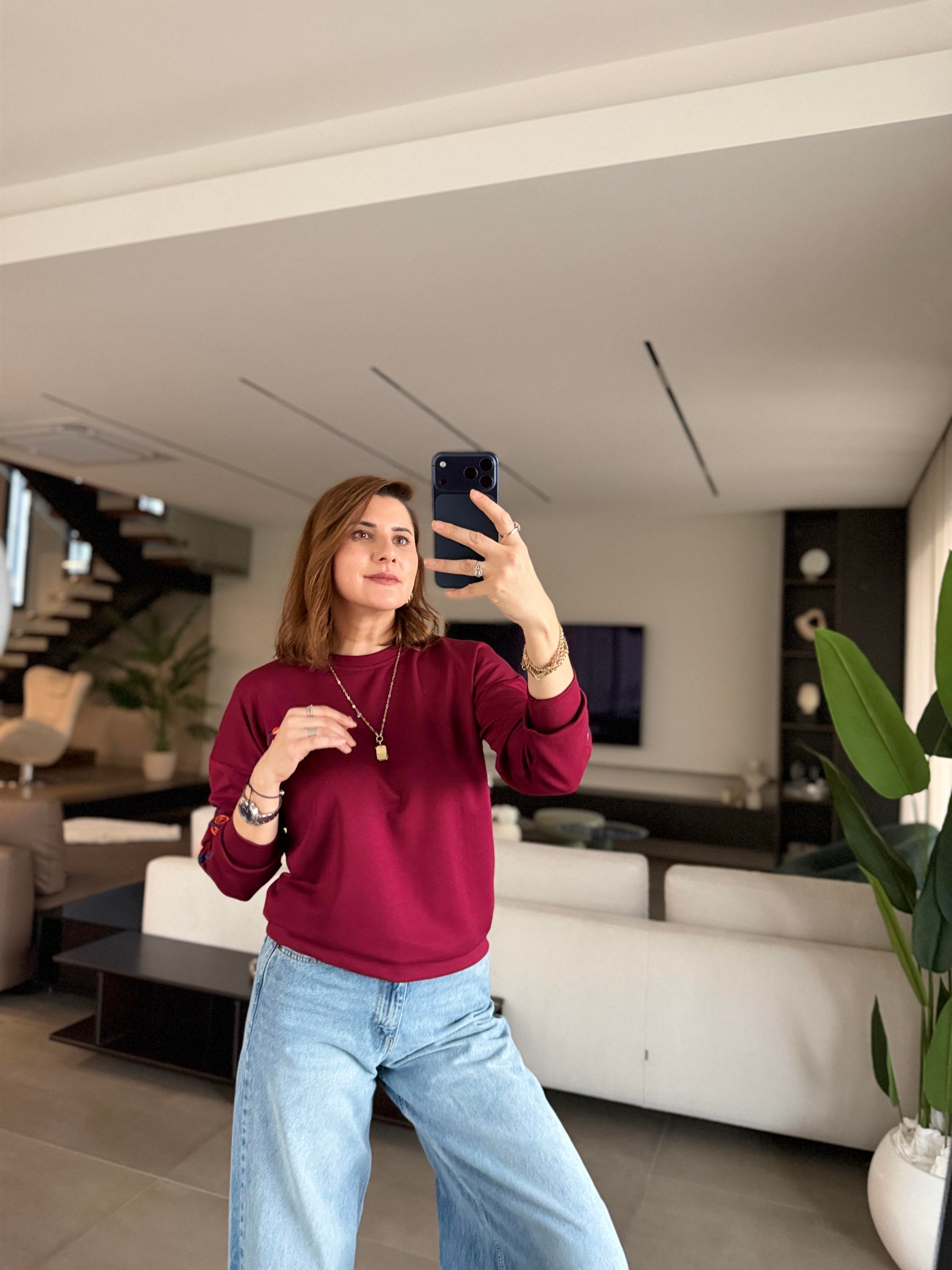 Bordo Kol Nakışlı Sweat