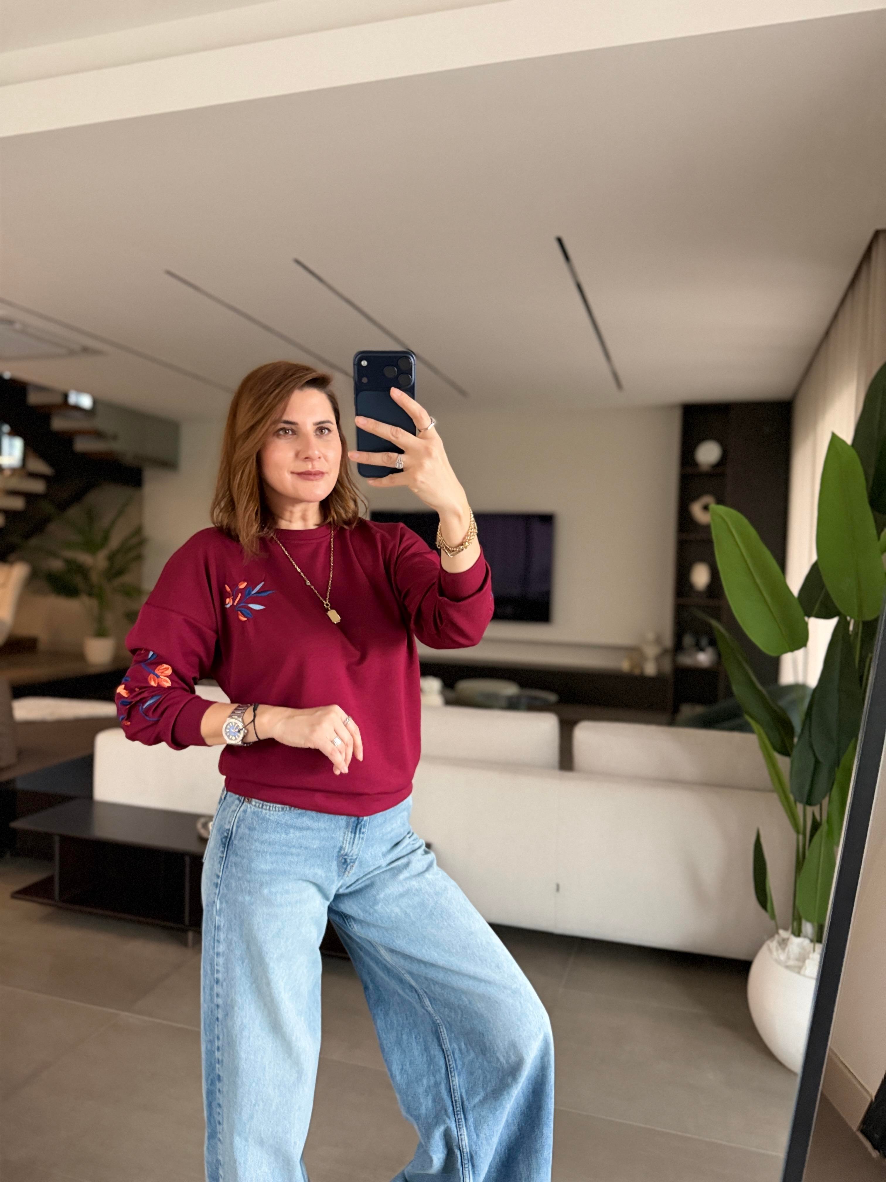 Bordo Kol Nakışlı Sweat