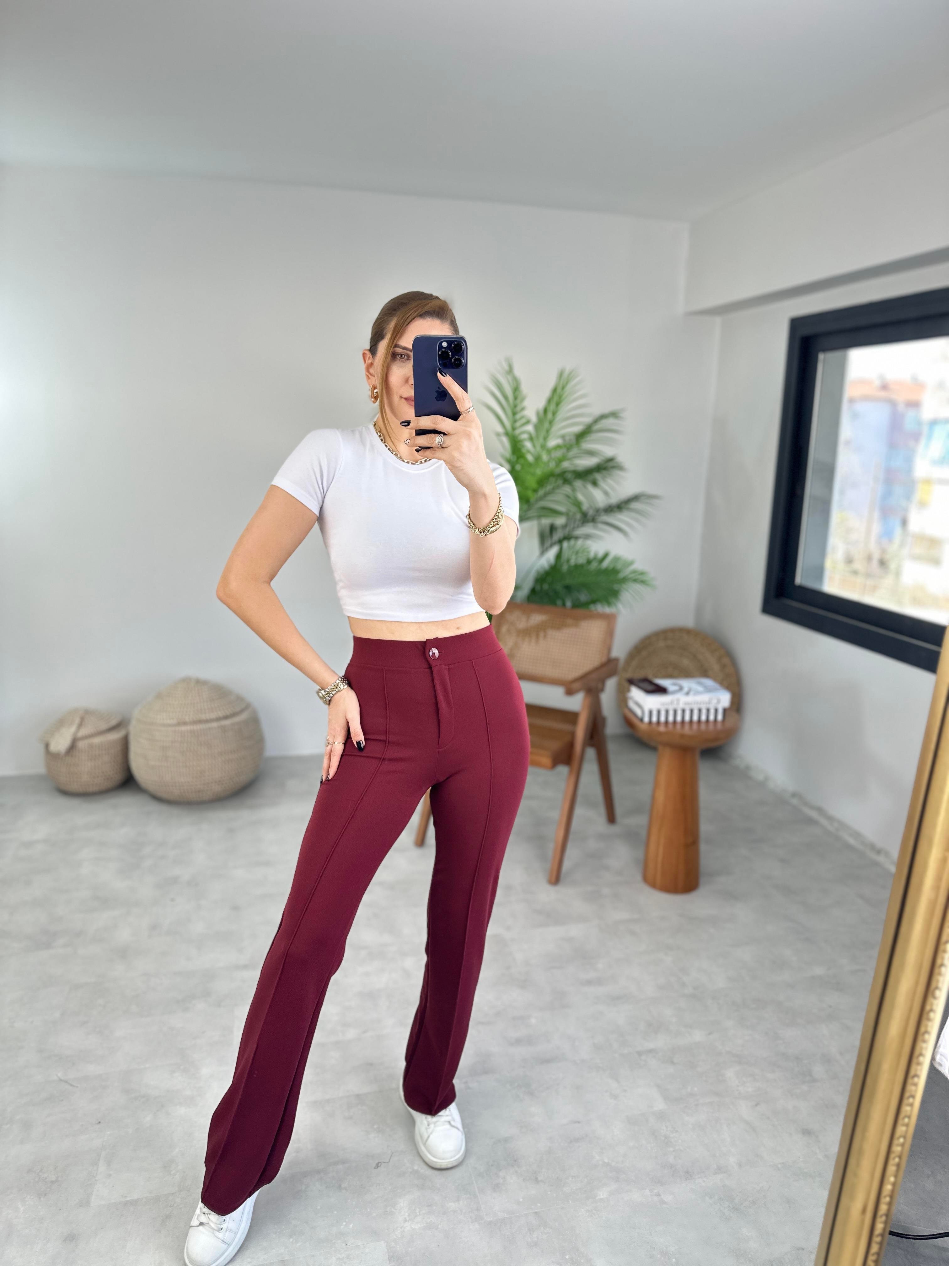 Bordo Lina Full Esnek Çimalı Palazzo Pantolon