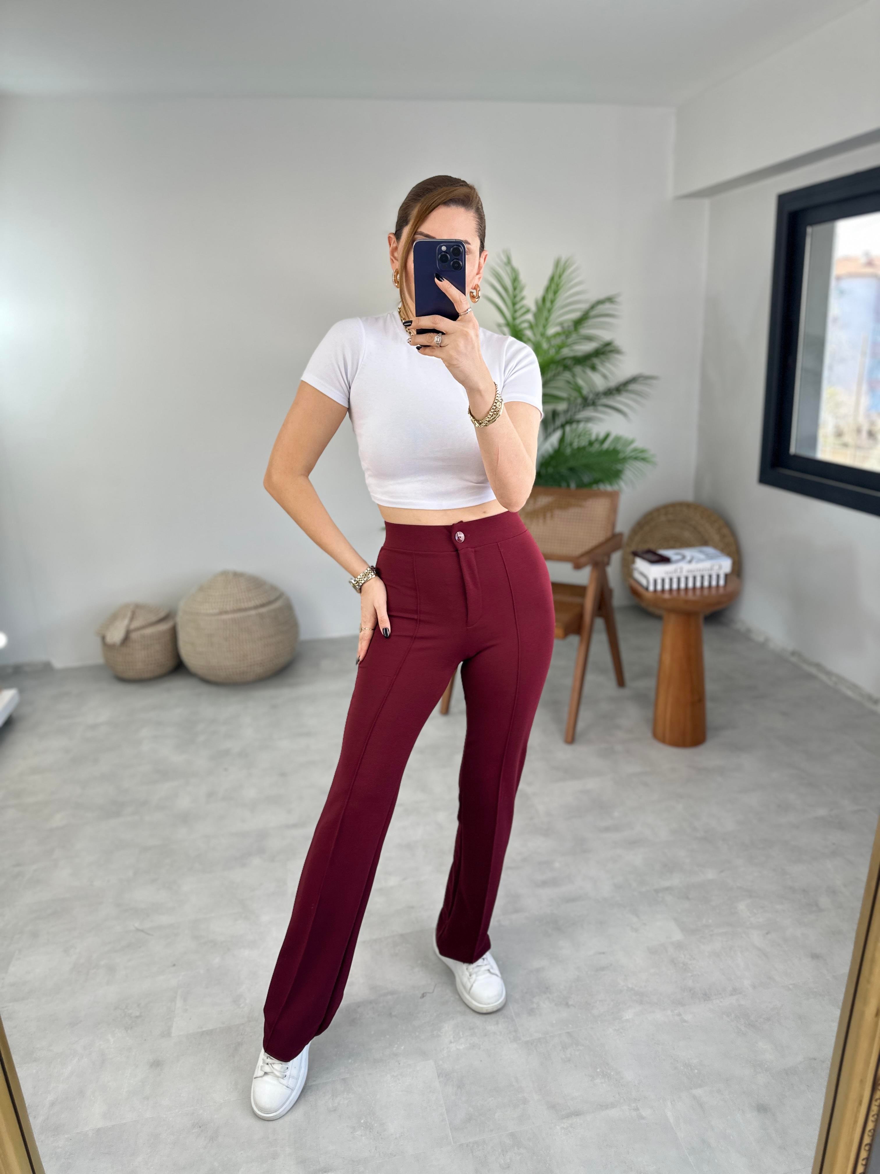 Bordo Lina Full Esnek Çimalı Palazzo Pantolon