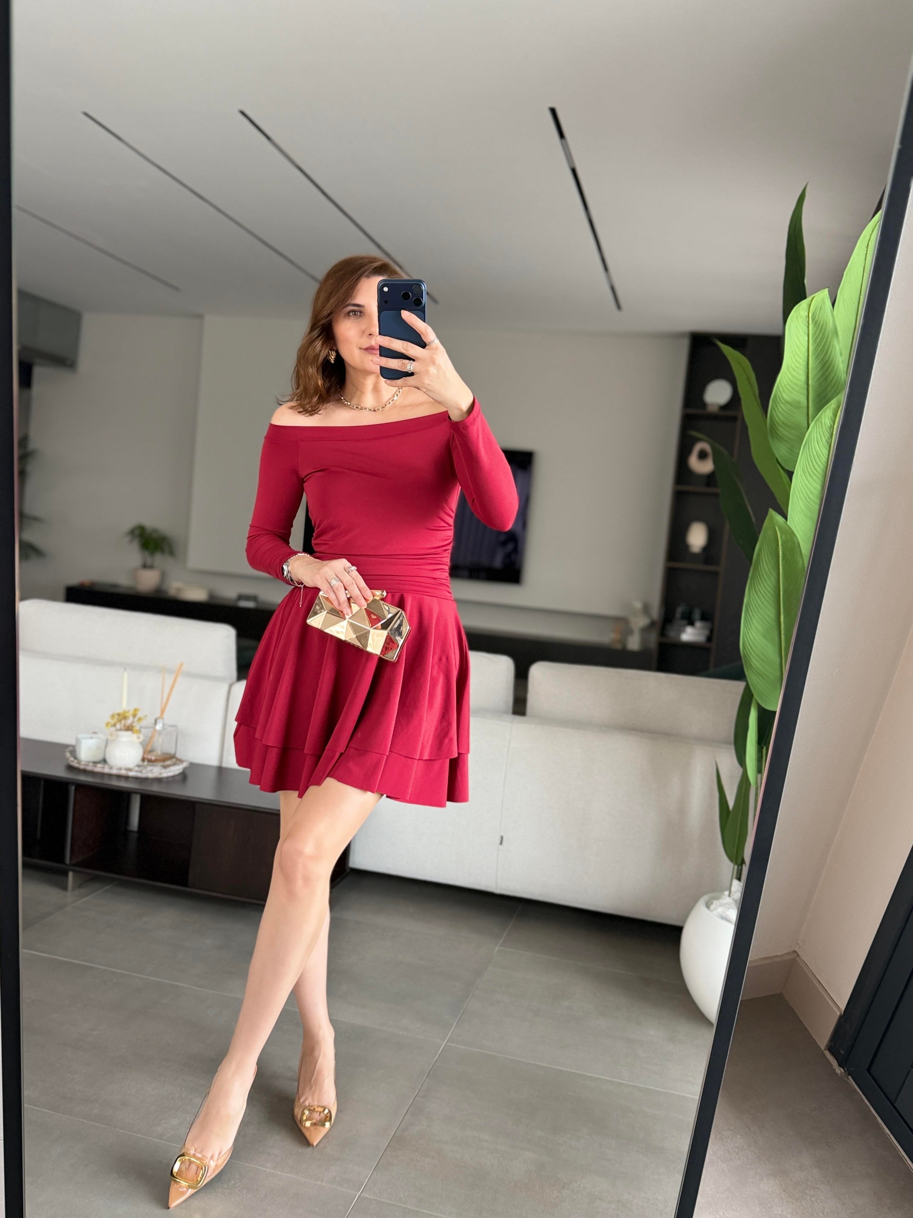 Bordo Madonna Yaka Drapeli Elbise