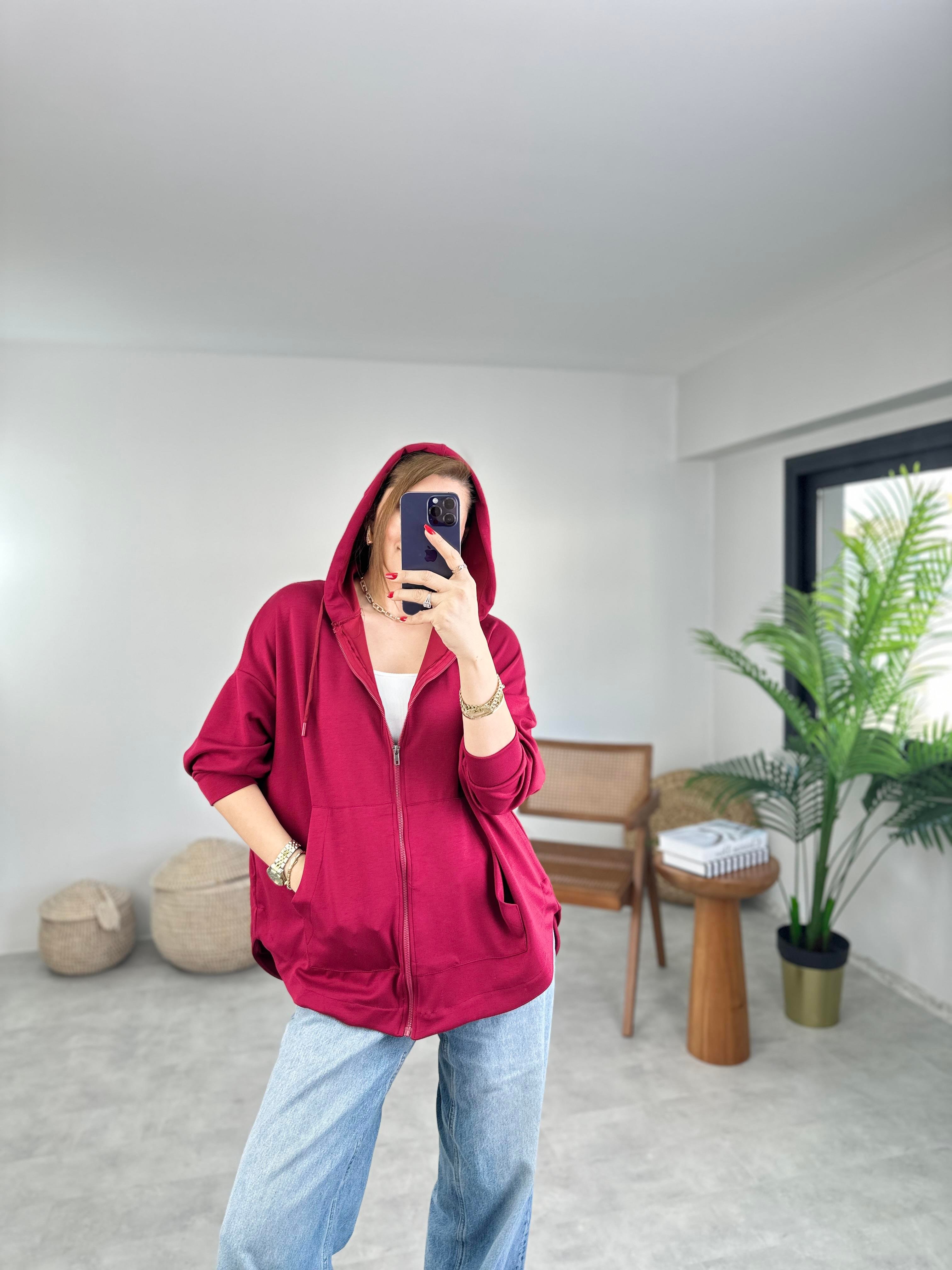 Bordo Modal Fermuarlı Oversize Ceket