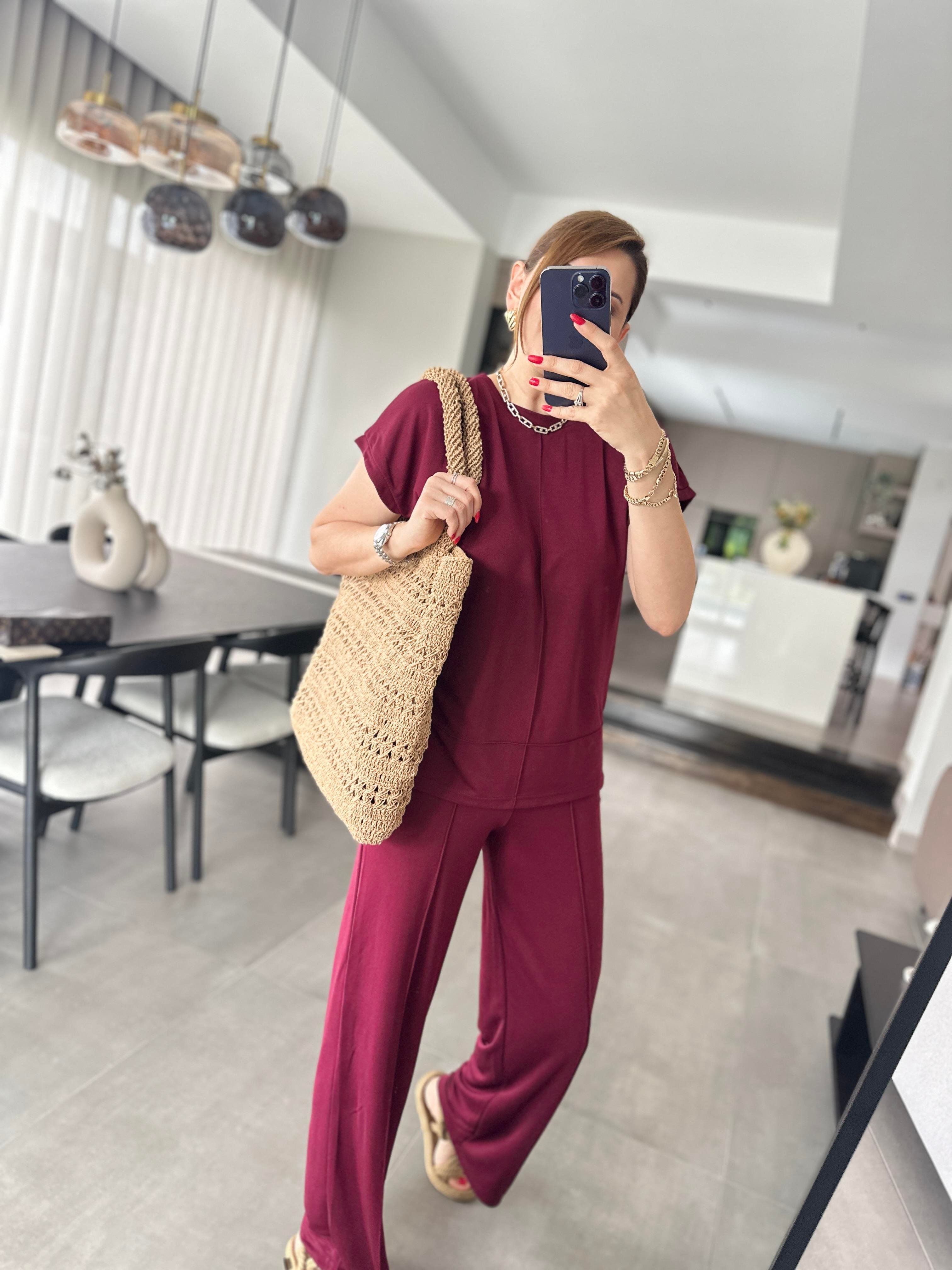 Bordo Modal Kumaş Çımalı T-Shirt Pantolonlu Takım