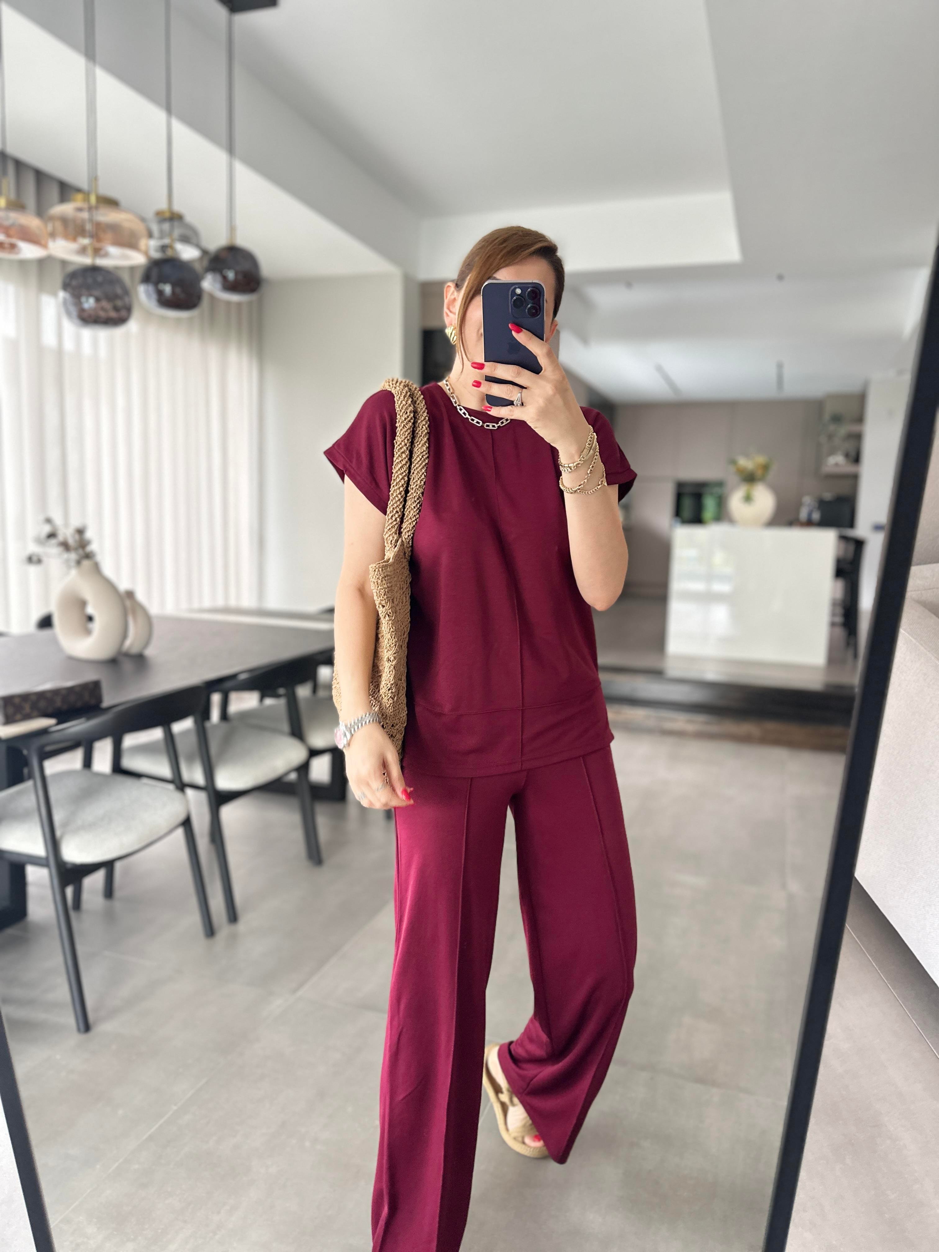 Bordo Modal Kumaş Çımalı T-Shirt Pantolonlu Takım
