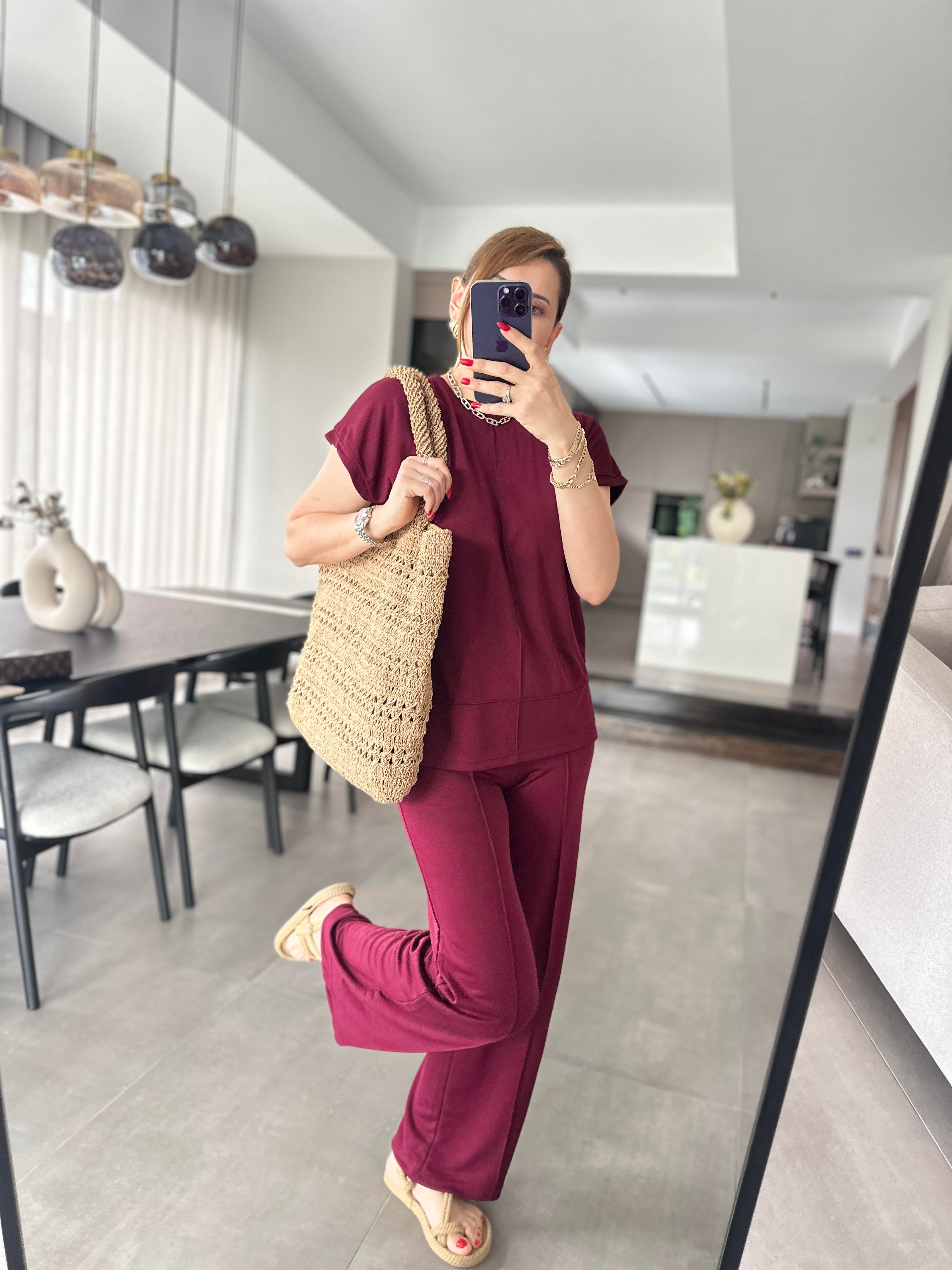 Bordo Modal Kumaş Çımalı T-Shirt Pantolonlu Takım