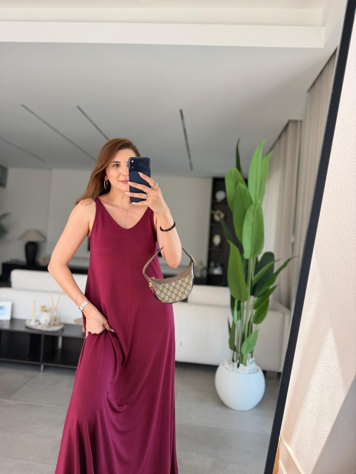 Bordo Modal Lastik Askılı Elbise