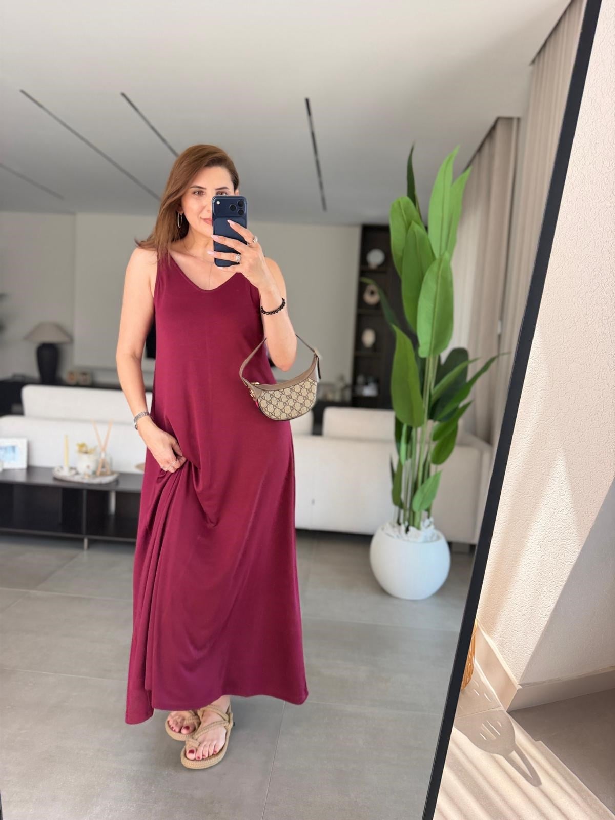 Bordo Modal Lastik Askılı Elbise