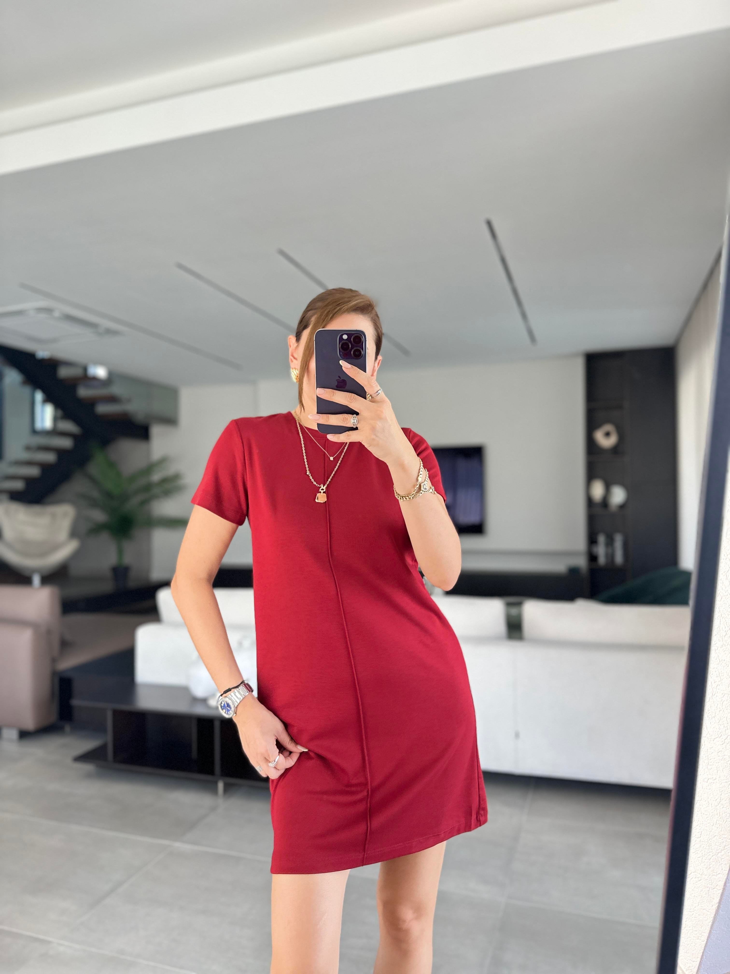 Bordo Ön Çimalı Elbise