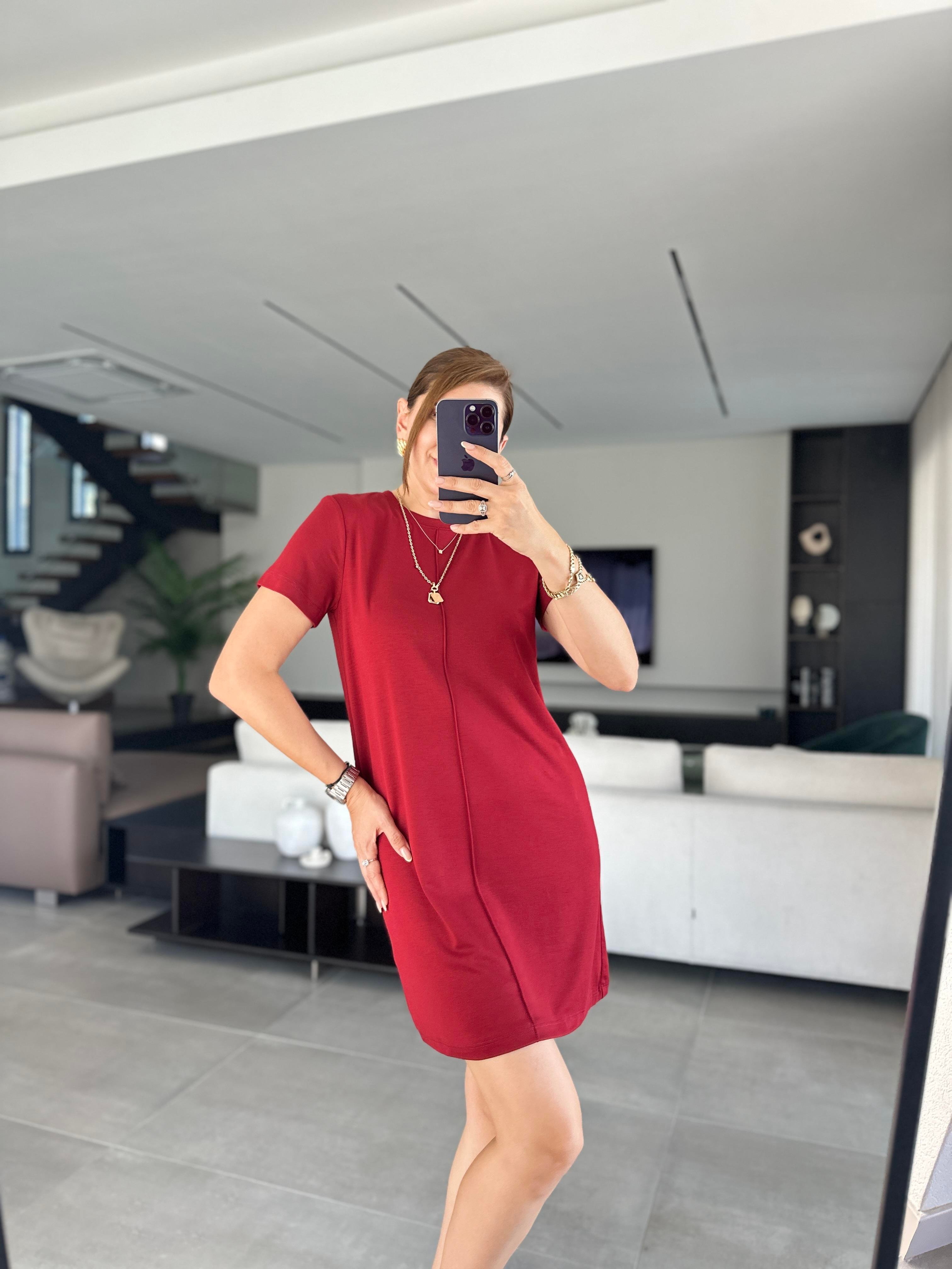 Bordo Ön Çimalı Elbise