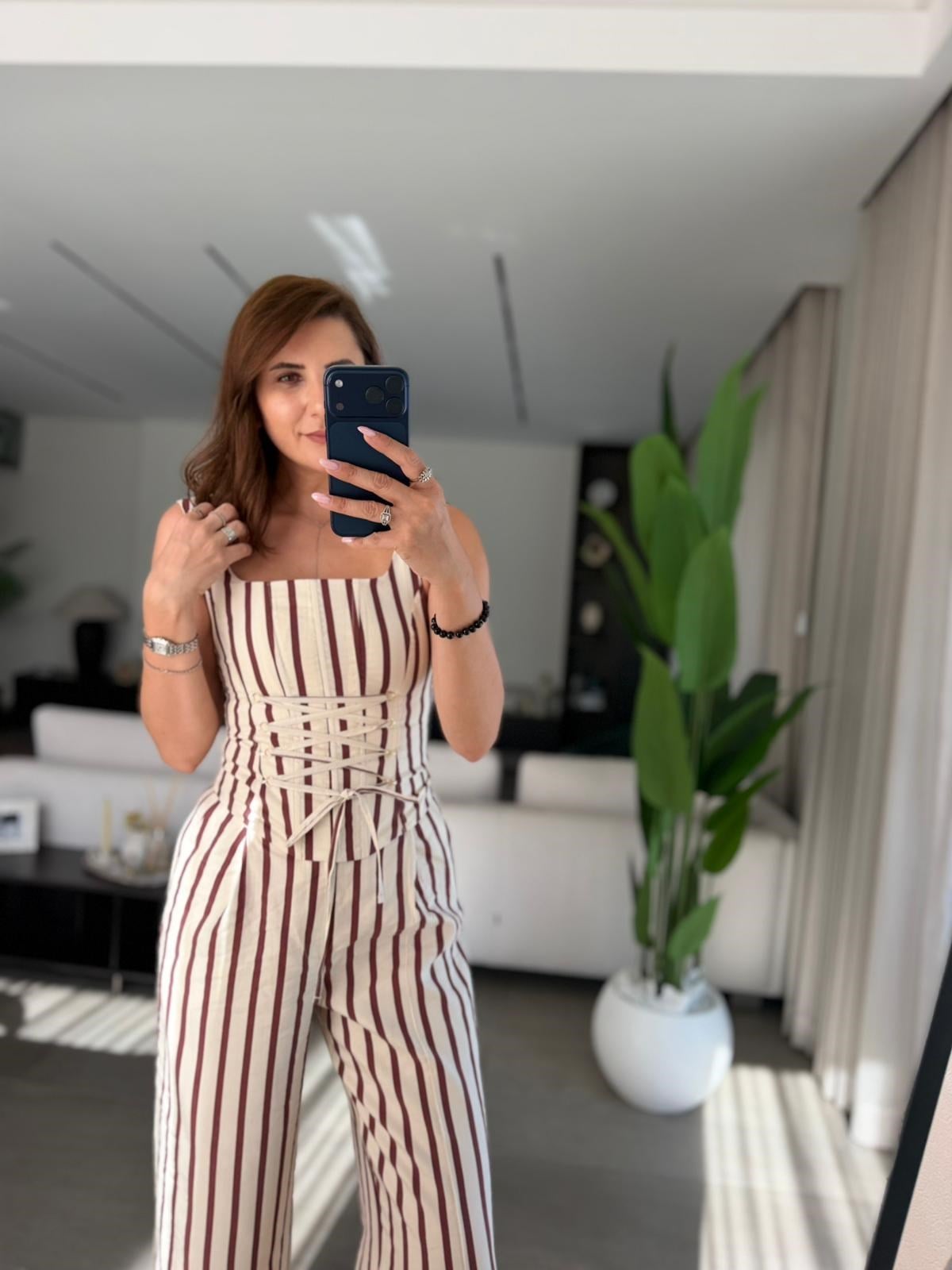 Bordo Önü İpli Çizgili Bluz Takım
