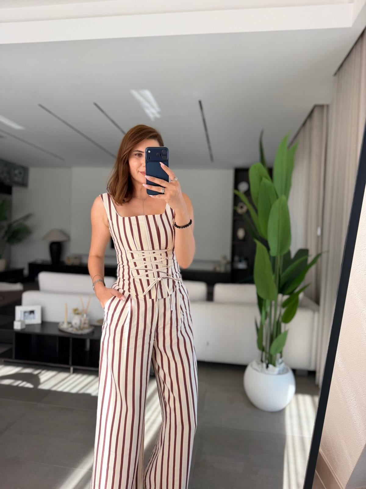 Bordo Önü İpli Çizgili Bluz Takım