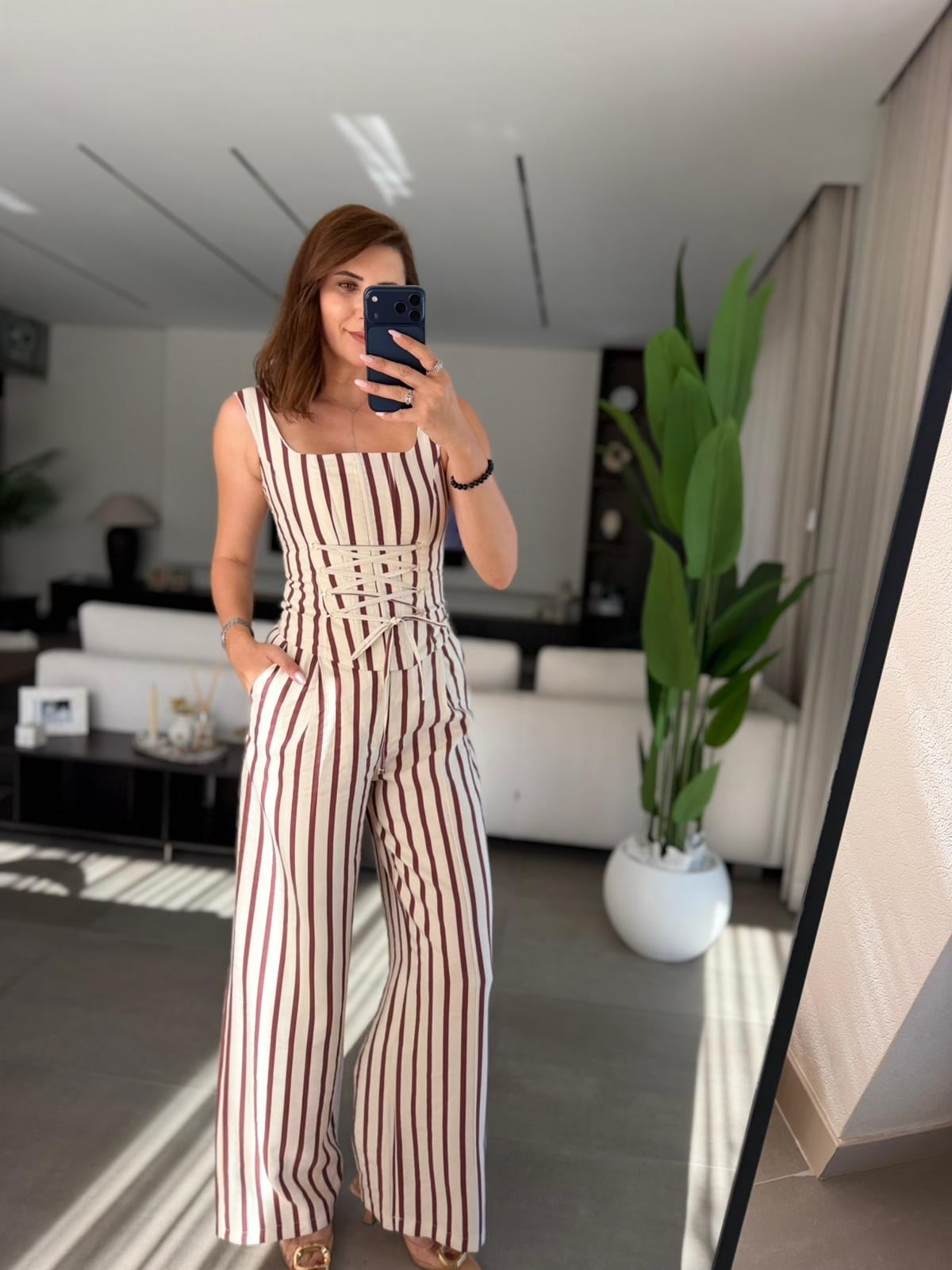 Bordo Önü İpli Çizgili Bluz Takım