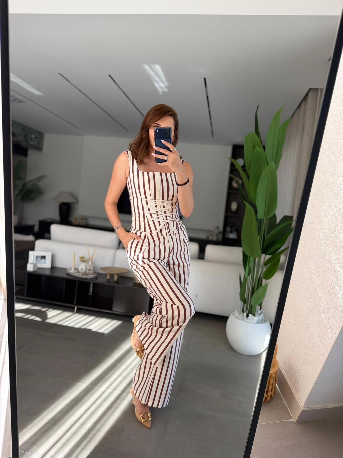 Bordo Önü İpli Çizgili Bluz Takım