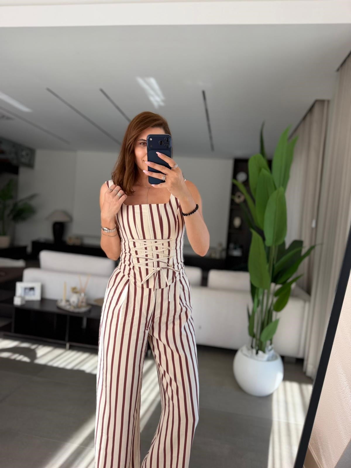 Bordo Önü İpli Çizgili Bluz Takım